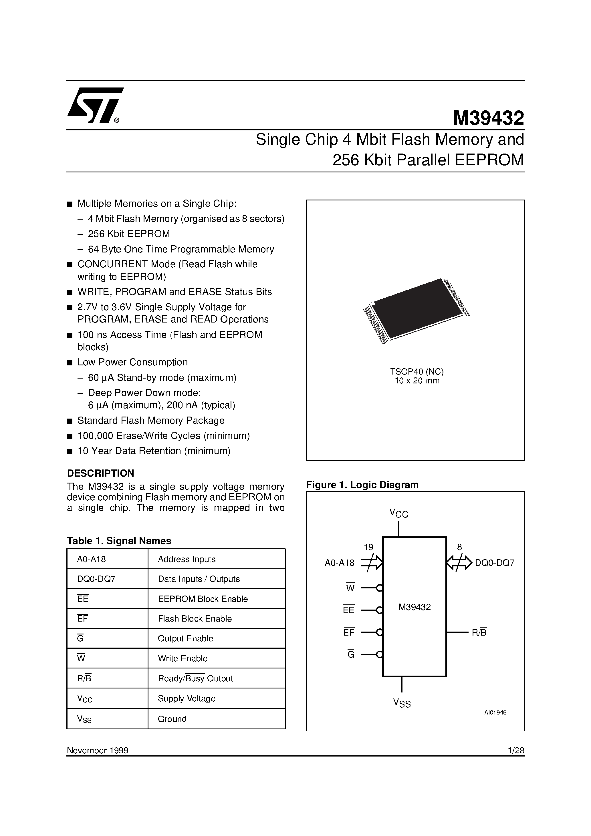 Datasheet M39432-10VNC6T - Single Chip 4 Mbit Flash Memory and 256 Kbit Parallel EEPROM page 1