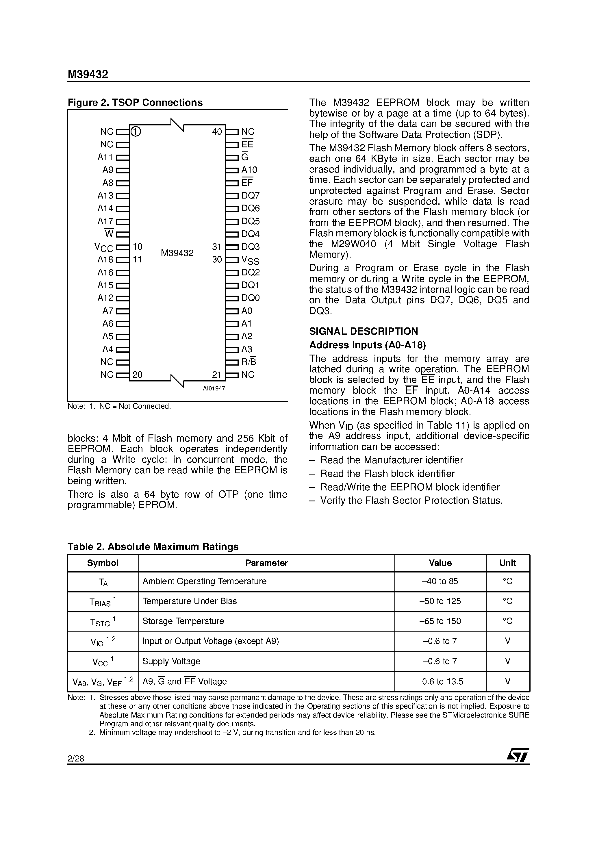 Datasheet M39432-10VNC6T - Single Chip 4 Mbit Flash Memory and 256 Kbit Parallel EEPROM page 2