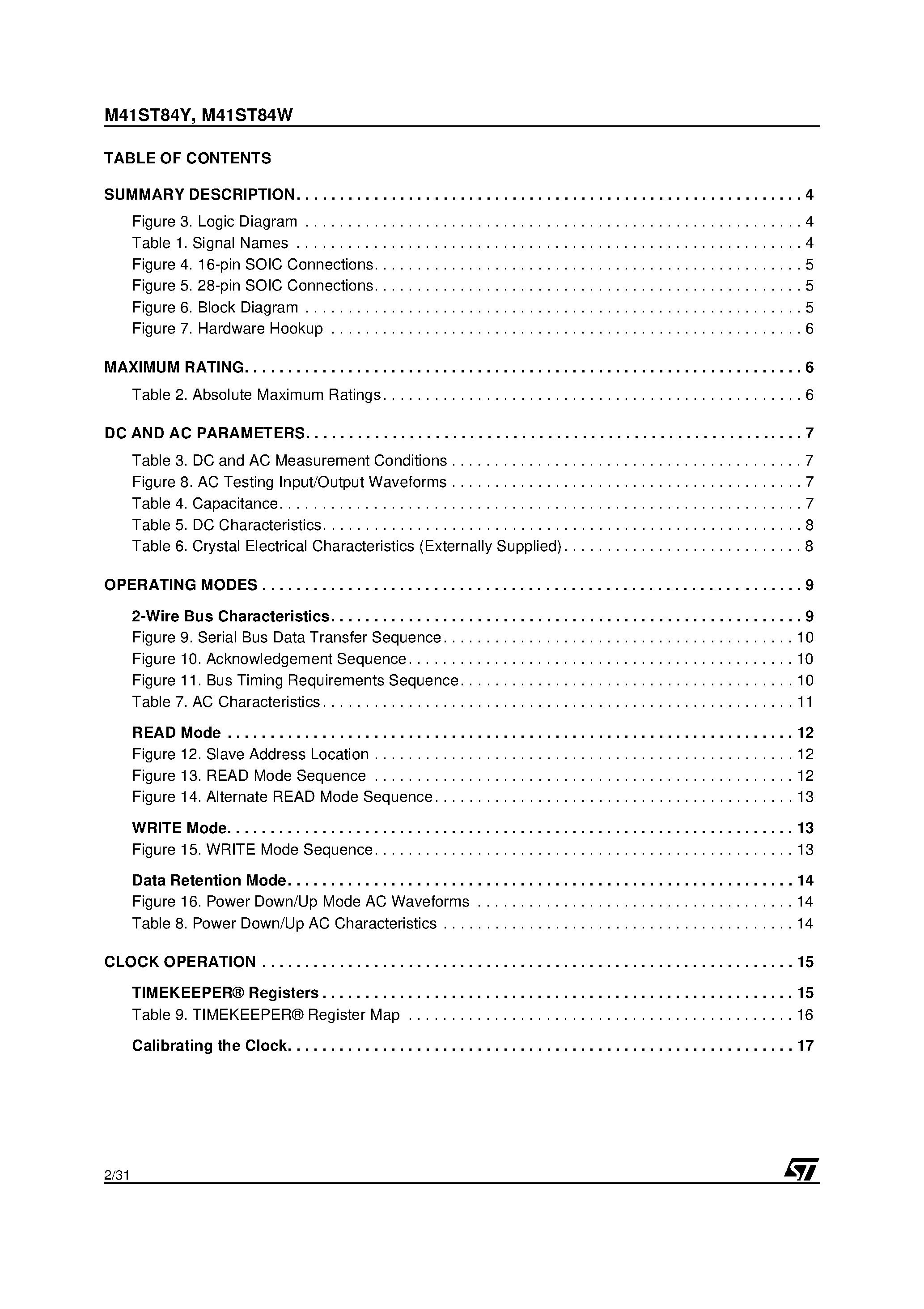 Datasheet M41ST84W - 5.0 or 3.0V / 512 bit 64 x 8 SERIAL RTC with SUPERVISORY FUNCTIONS page 2
