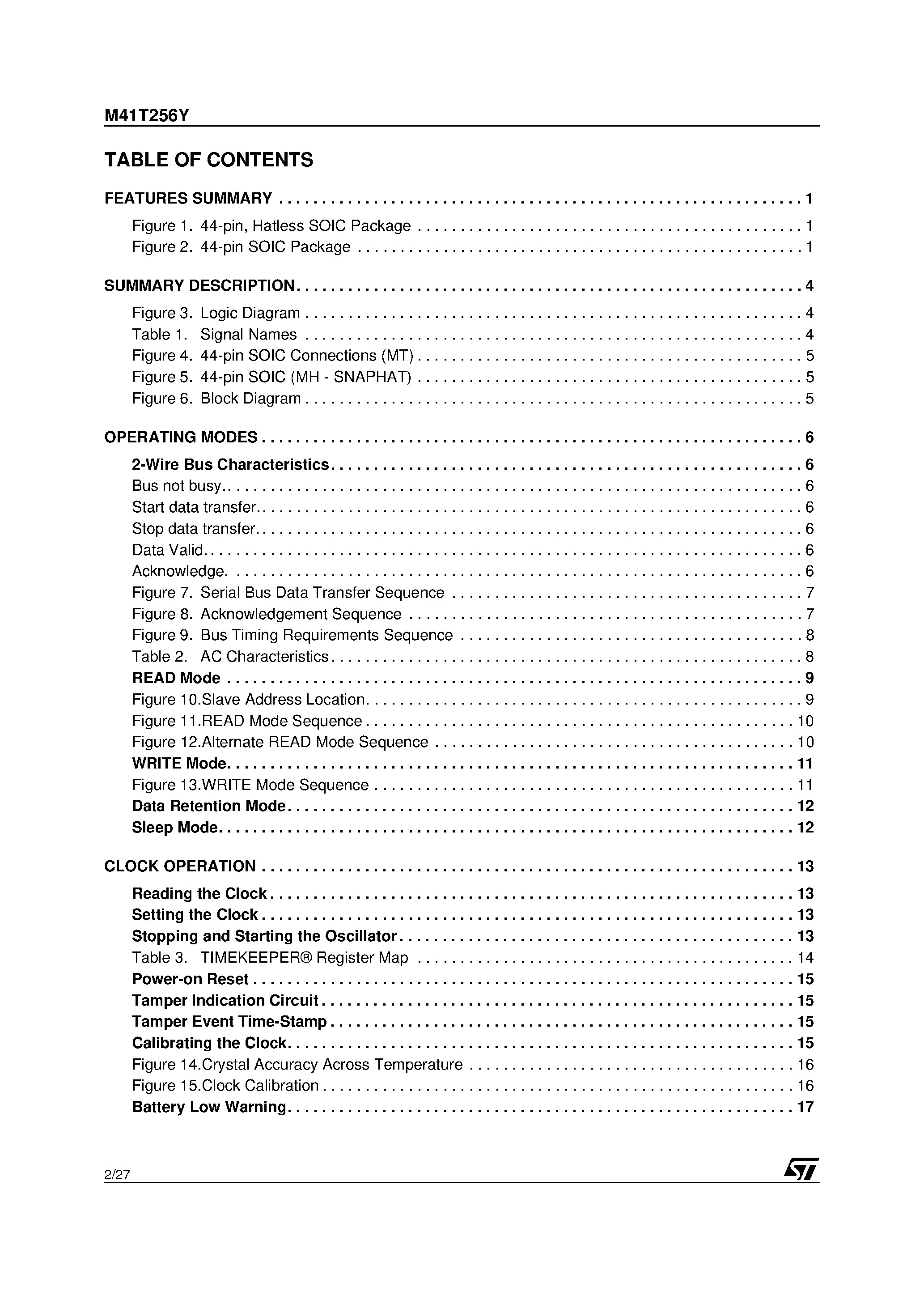Datasheet M41T256Y - 256 Kbit 32K x8 SERIAL RTC page 2