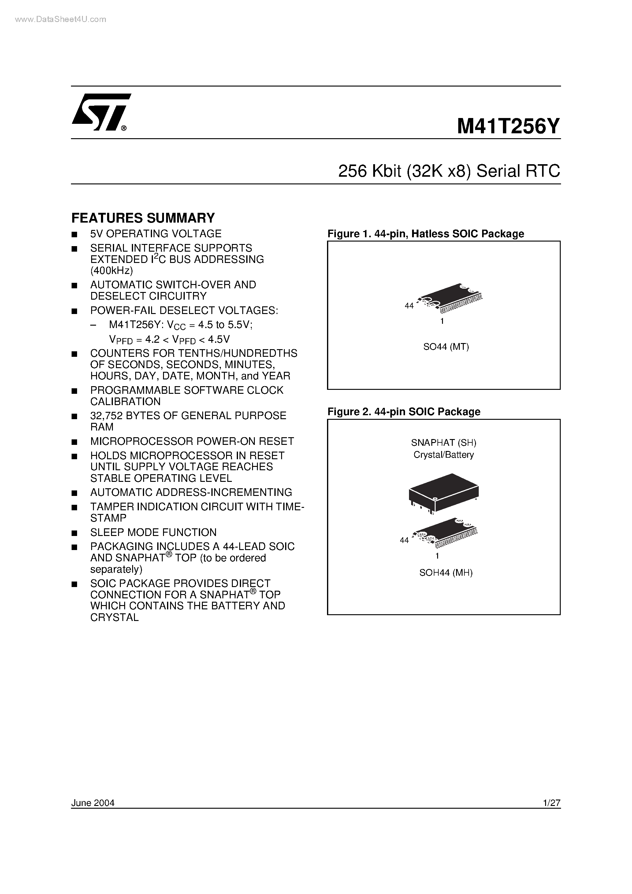 Datasheet M41T256YMT page 1 Datasheet M41T256YMT - 256 Kbit 32K x8 SERIAL RTC page 1