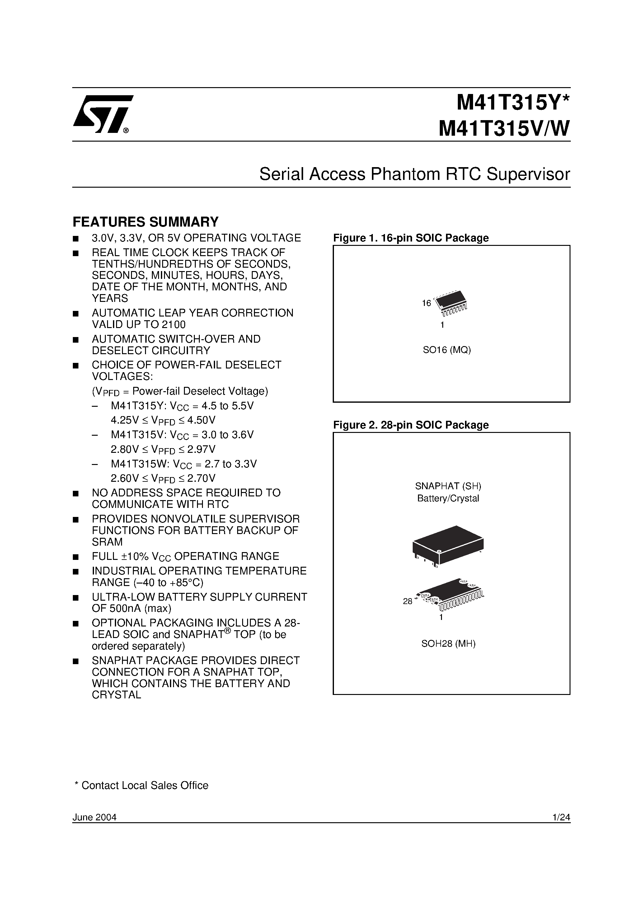 Datasheet M41T315Y-65MQ6E page 1 Datasheet M41T315Y-65MQ6E - Serial Access Phantom RTC Supervisor page 1