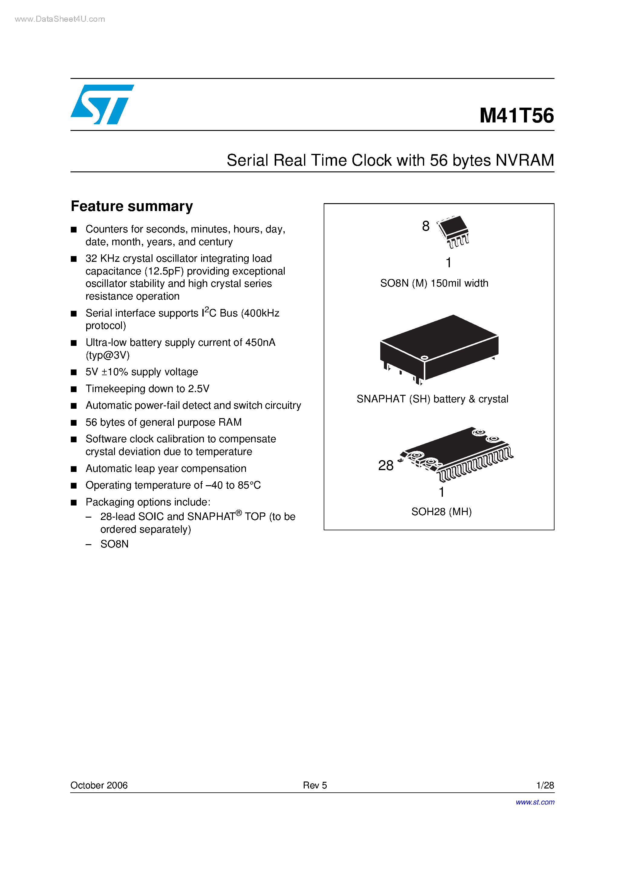 Даташит M41T56 - 512 bit 64b x8 Serial Access TIMEKEEPER SRAM страница 1