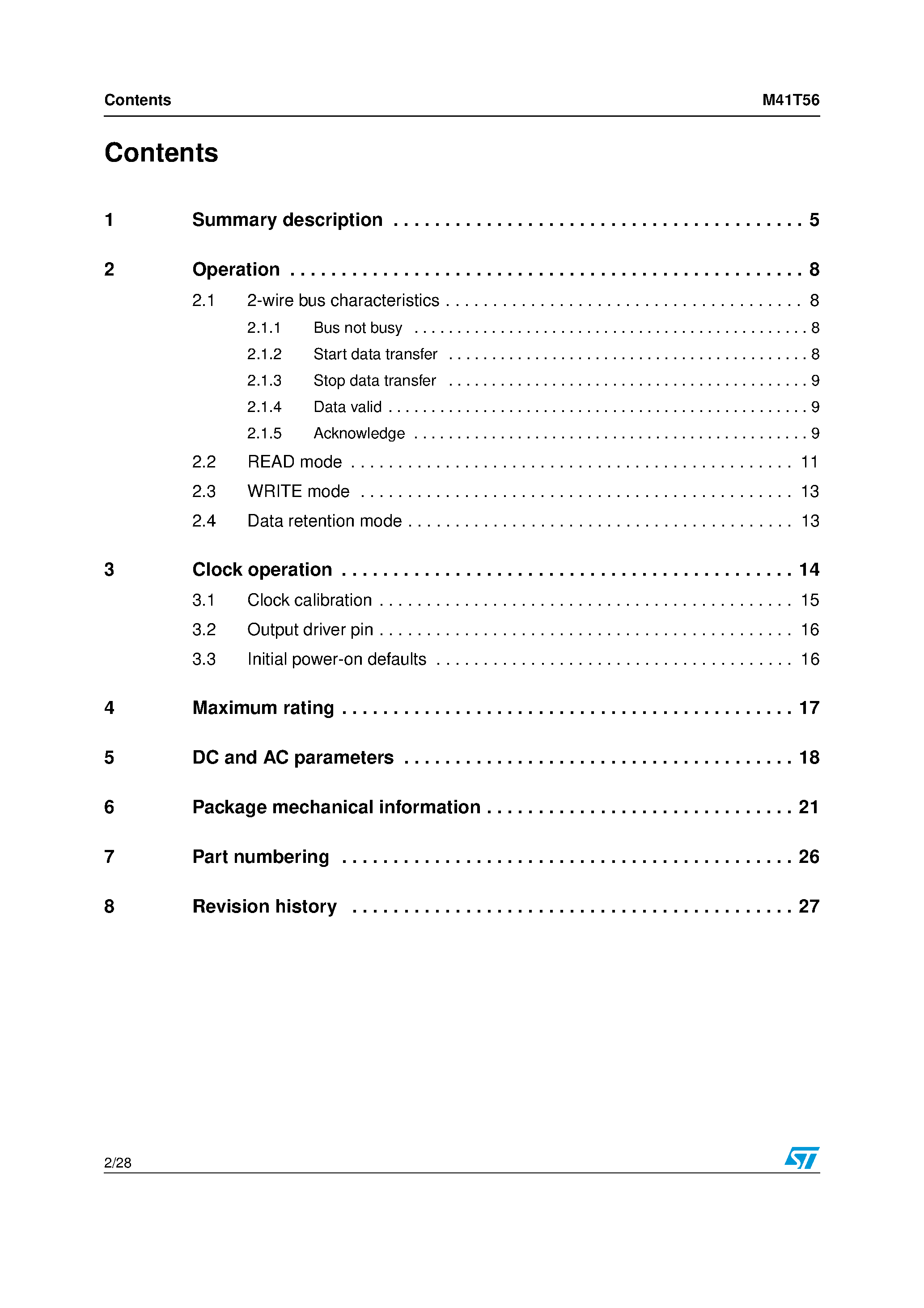 Datasheet M41T56SH - 512 bit 64b x8 Serial Access TIMEKEEPER SRAM page 2