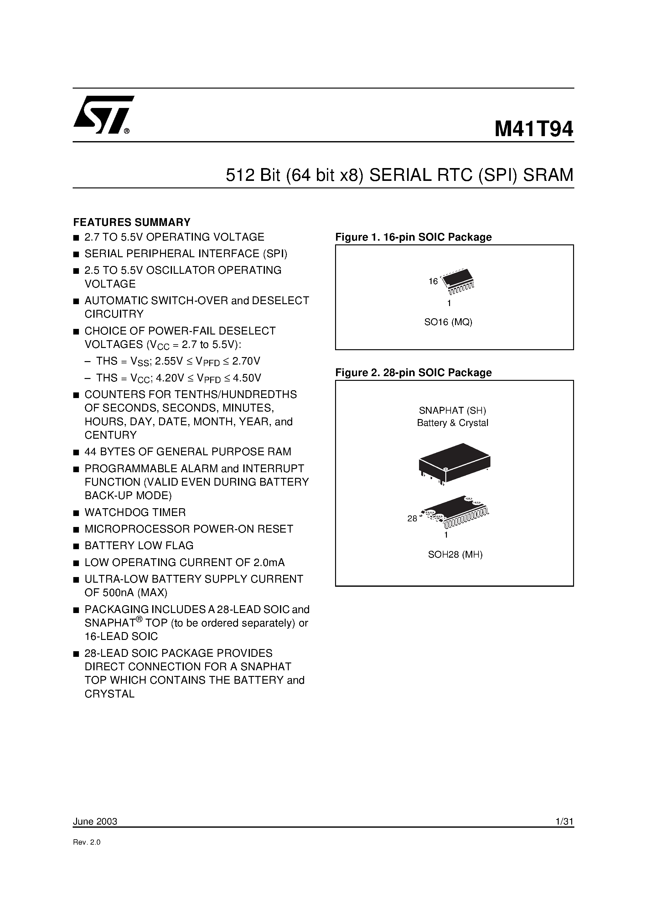 Даташит M41T94 - 512 Bit 64 bit x8 SERIAL RTC SPI SRAM страница 1
