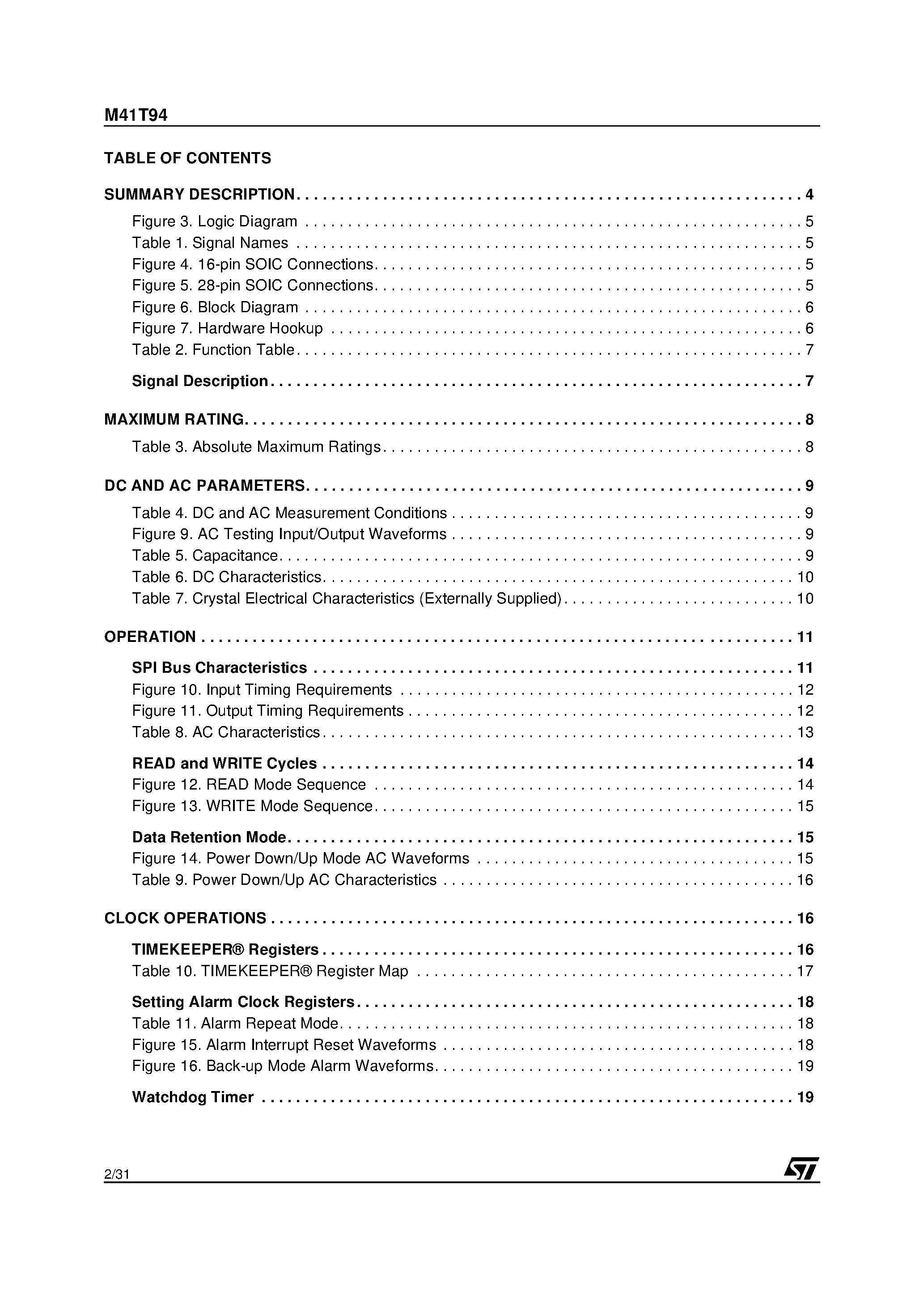 Datasheet M41T94 - 512 Bit 64 bit x8 SERIAL RTC SPI SRAM page 2