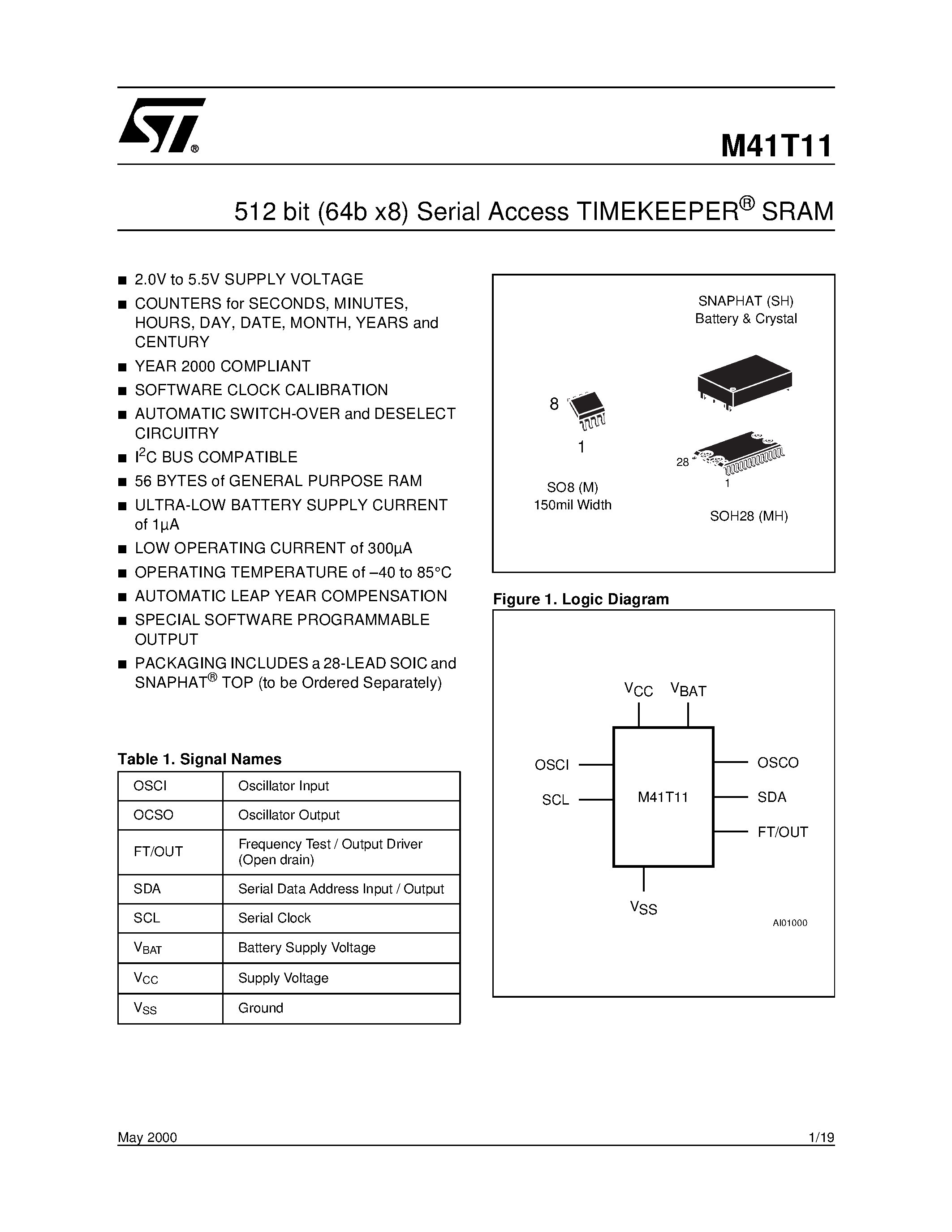 Даташит M41TMH6TR - 512 bit 64b x8 Serial Access TIMEKEEPER SRAM страница 1