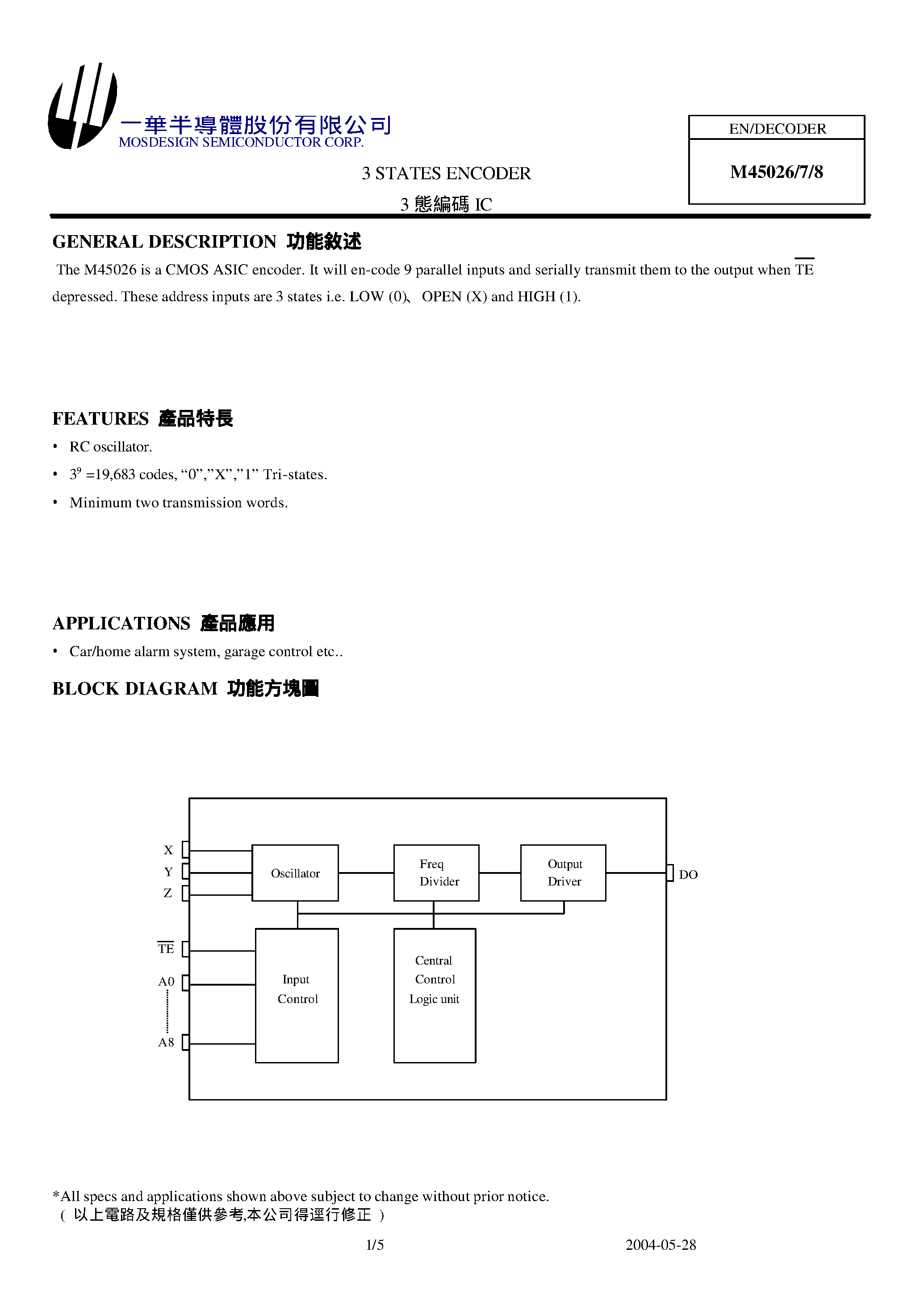 Datasheet M45028 - 3 STATES ENCODER page 1