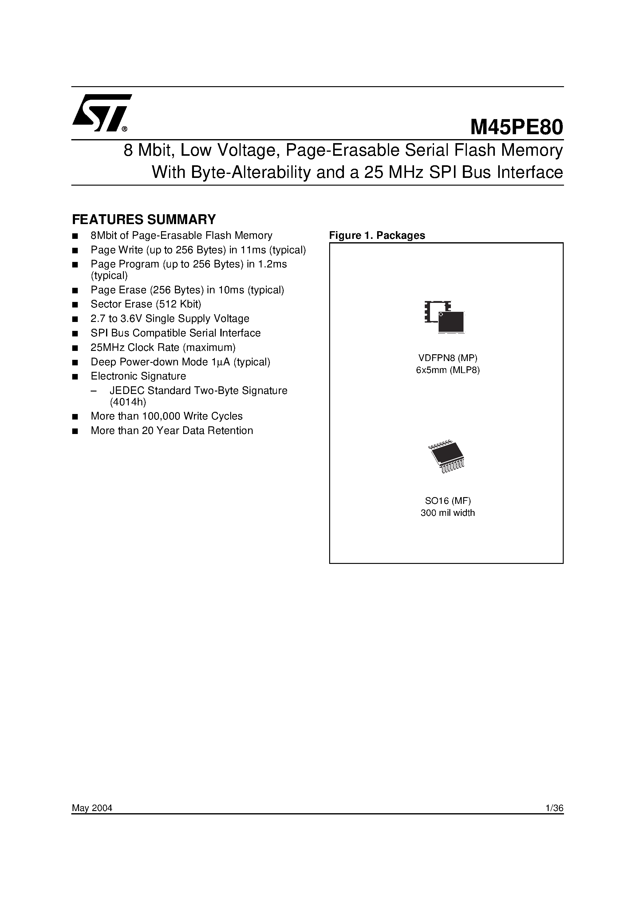 Datasheet M45PE80 - 8 Mbit / Low Voltage / Page-Erasable Serial Flash Memory With Byte-Alterability and a 25 MHz SPI Bus Interface page 1