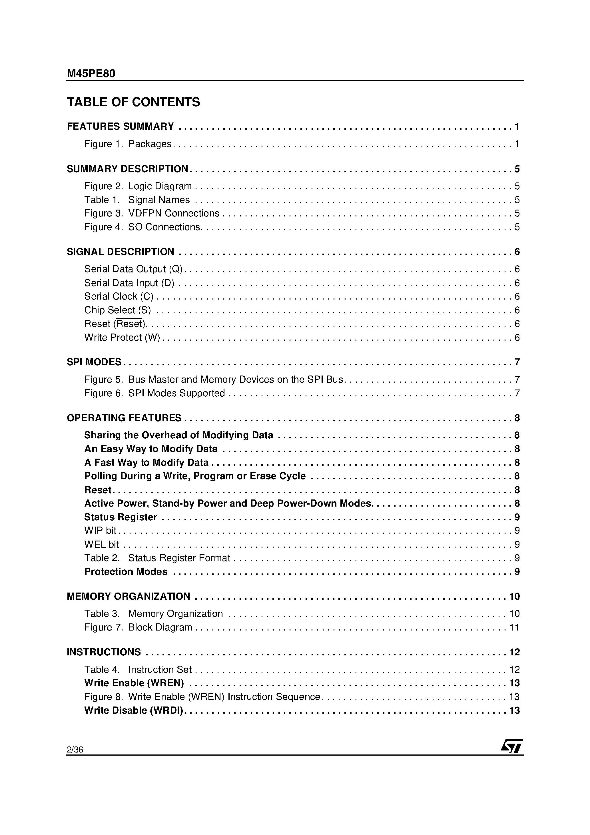 Datasheet M45PE80 - 8 Mbit / Low Voltage / Page-Erasable Serial Flash Memory With Byte-Alterability and a 25 MHz SPI Bus Interface page 2