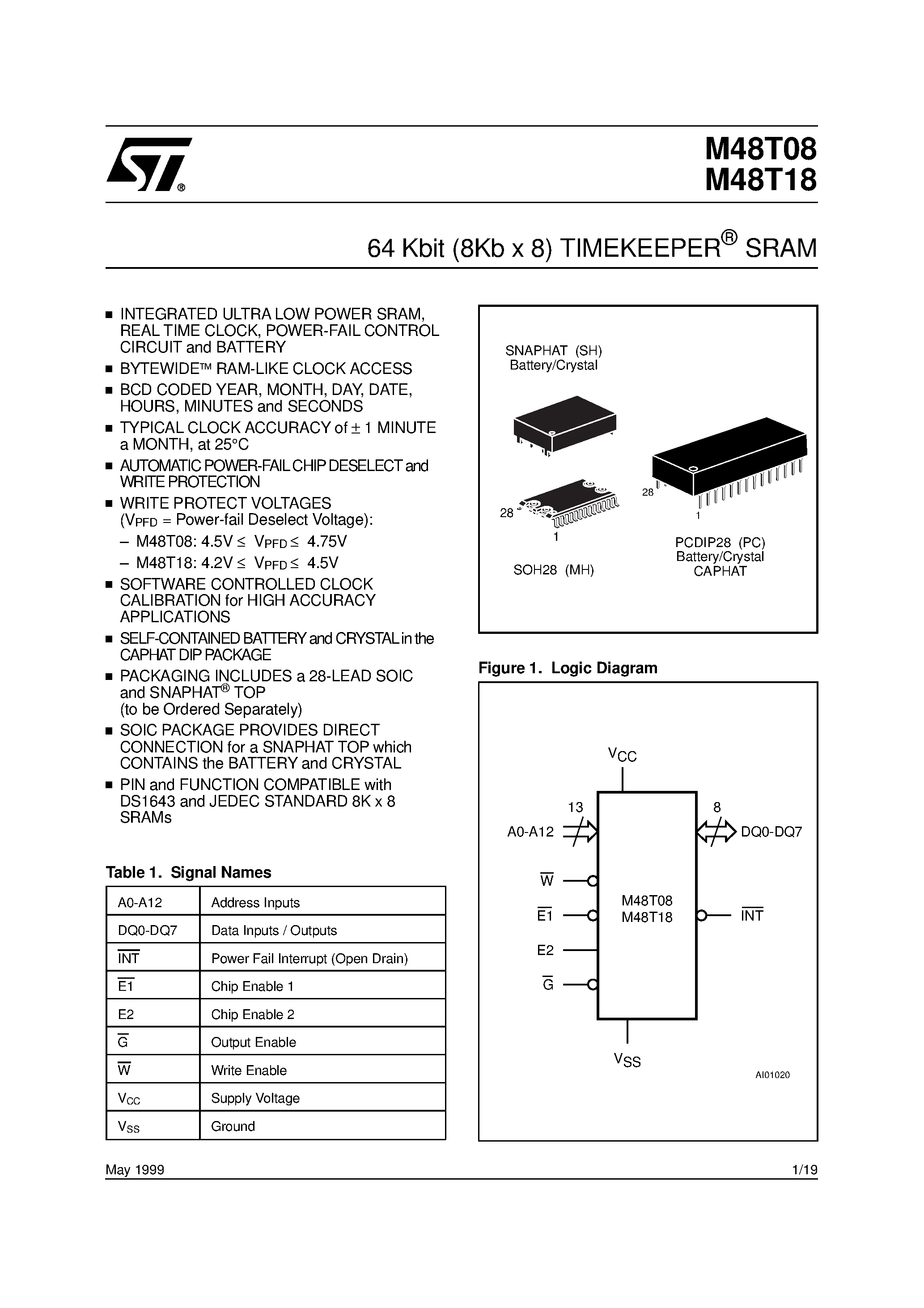 Datasheet M48T08 - 64 Kbit 8Kb x 8 TIMEKEEPER SRAM page 1