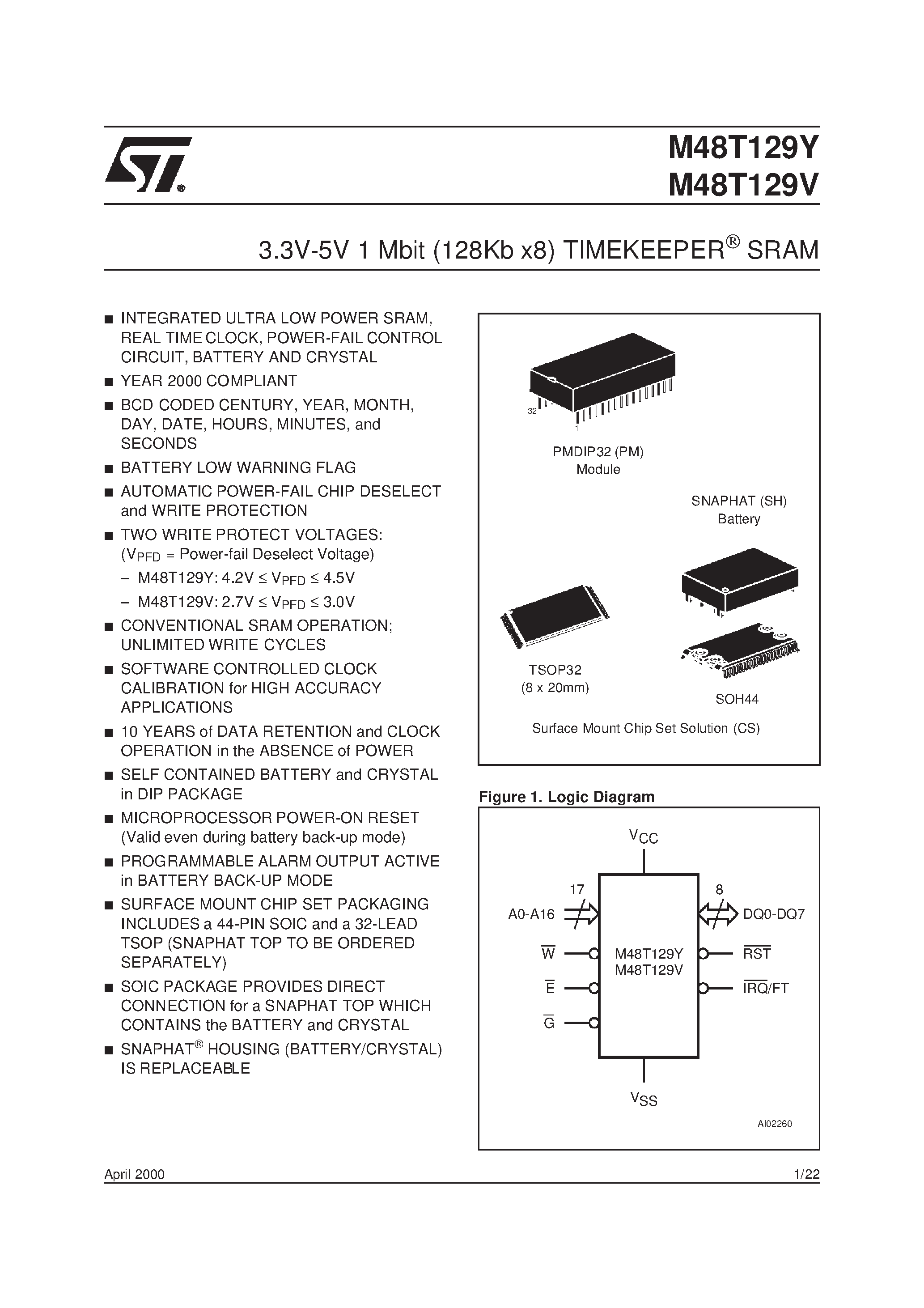 Datasheet M48T129 - 3.3V-5V 1 Mbit 128Kb x8 TIMEKEEPER SRAM page 1