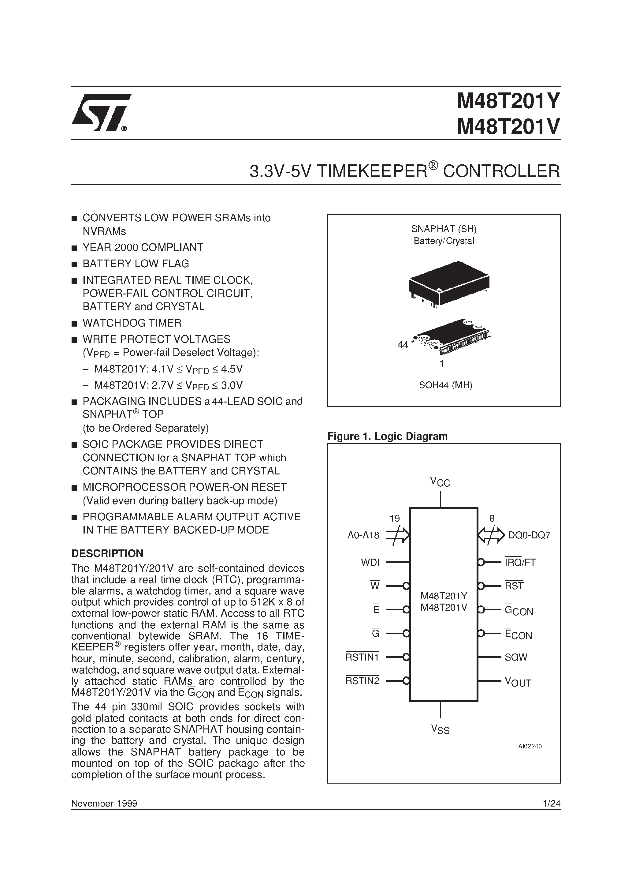 Datasheet M48T201YMH - 3.3V-5V TIMEKEEPER CONTROLLER page 1