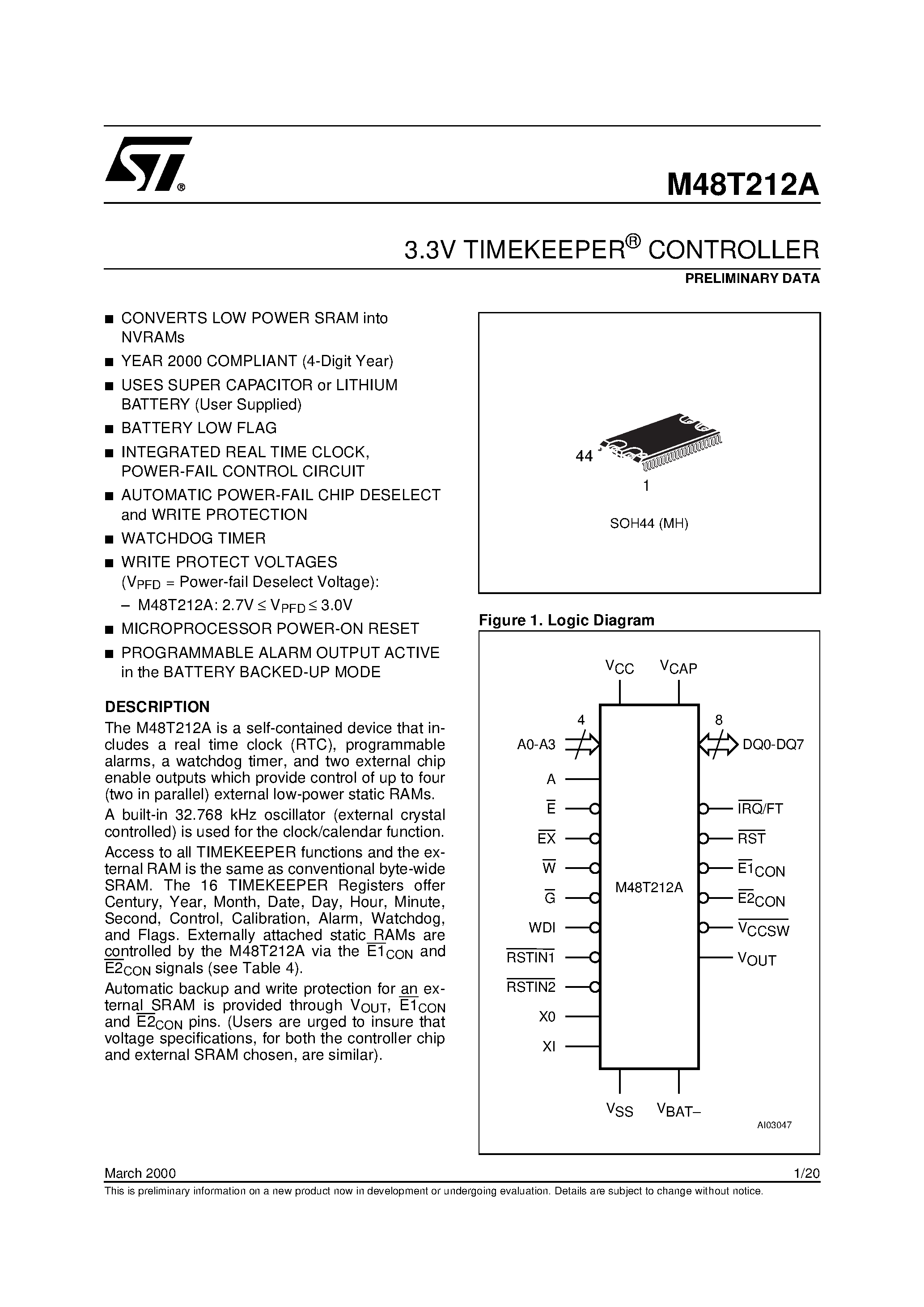 Datasheet M48T212A - 3.3V TIMEKEEPER CONTROLLER page 1