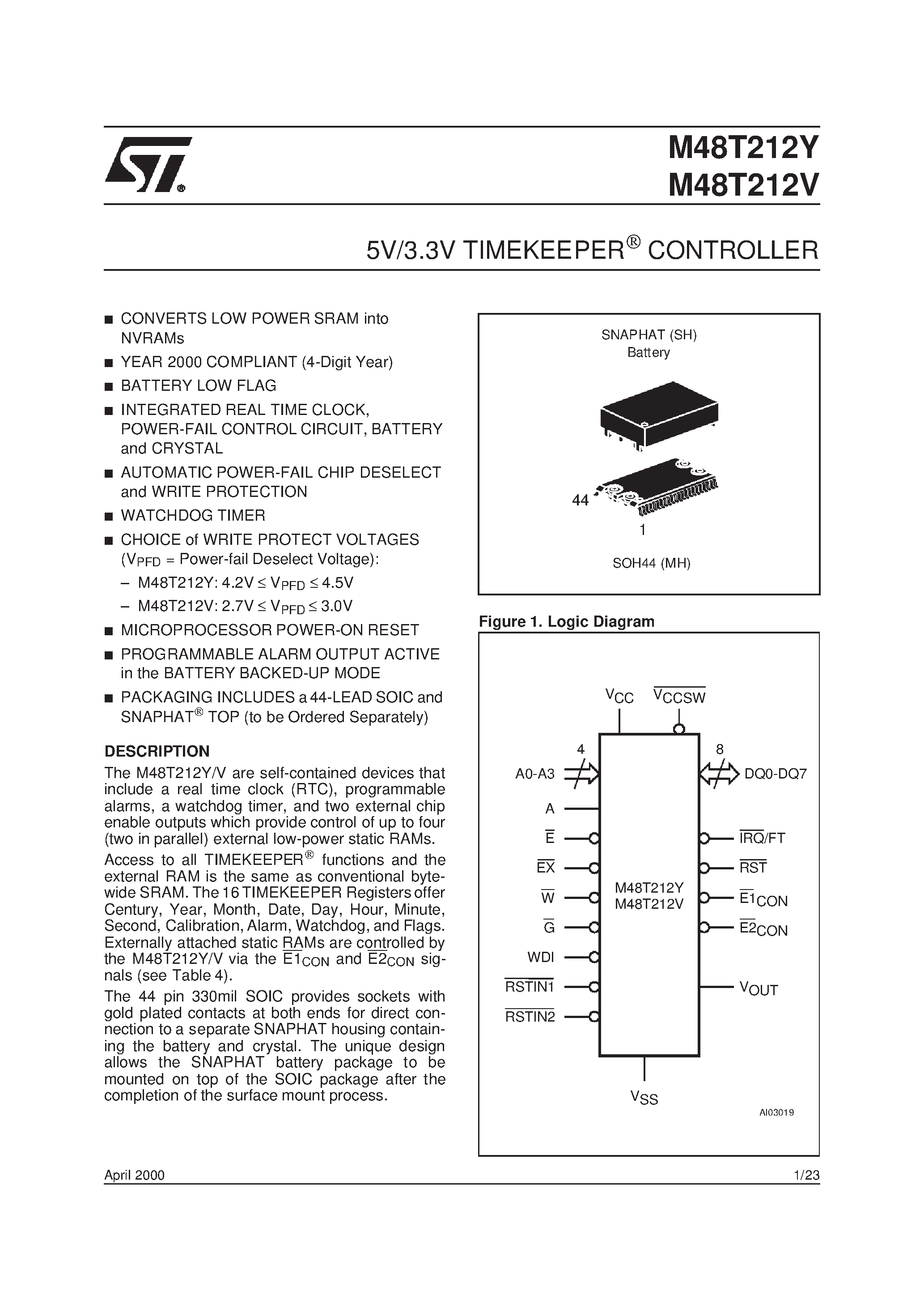 Datasheet M48T212V - 5V/3.3V TIMEKEEPER[ CONTROLLER page 1