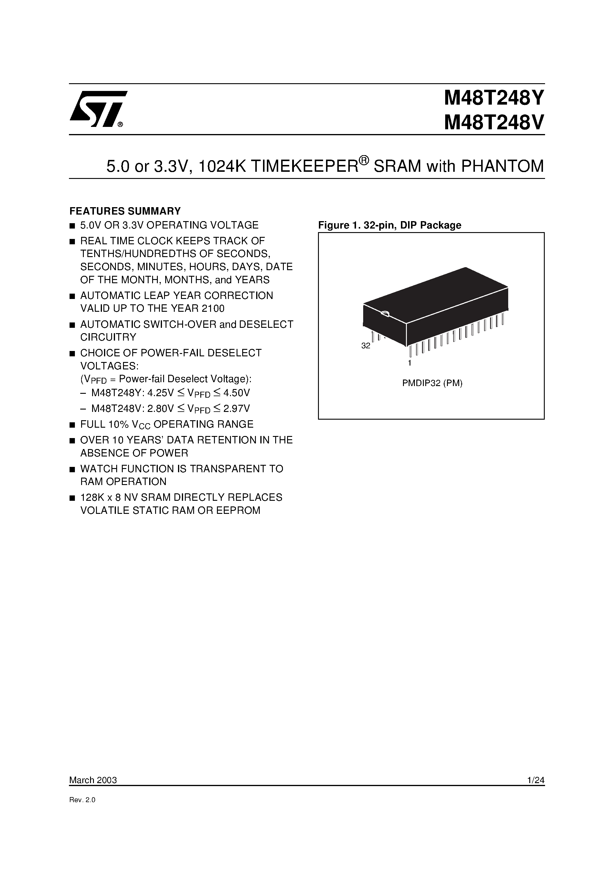 Datasheet M48T248V - 5.0 or 3.3V / 1024K TIMEKEEPER SRAM with PHANTOM page 1