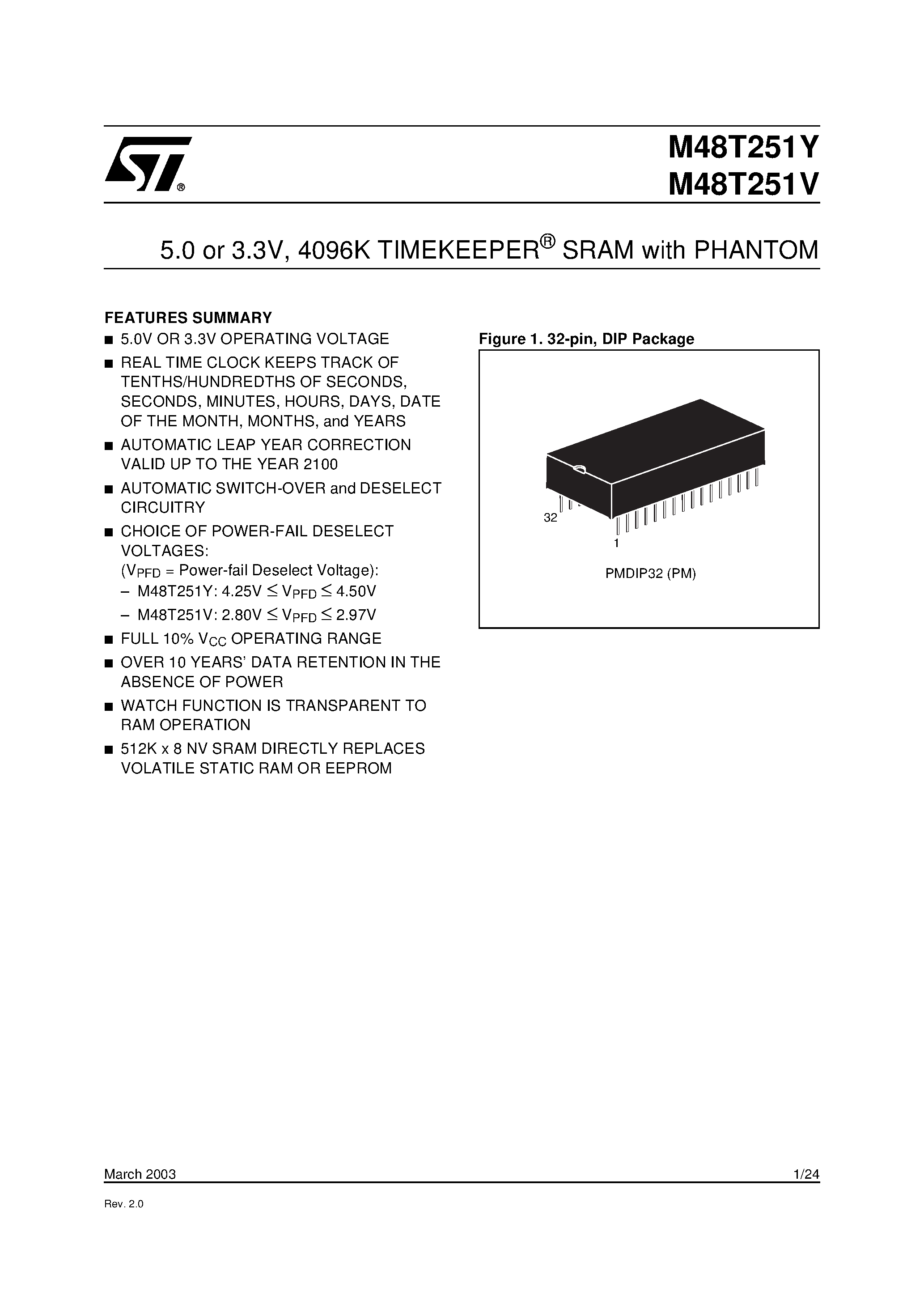 Datasheet M48T251Y - 5.0 or 3.3V / 4096K TIMEKEEPER SRAM with PHANTOM page 1