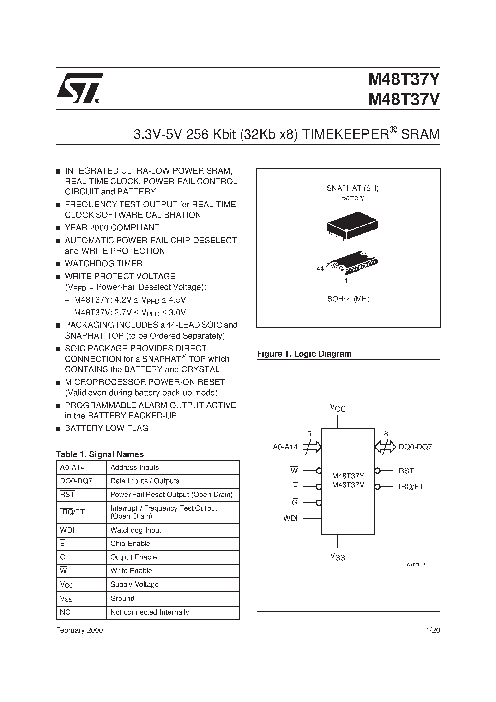 Datasheet M48T37 - 3.3V-5V 256 Kbit 32Kb x8 TIMEKEEPER SRAM page 1