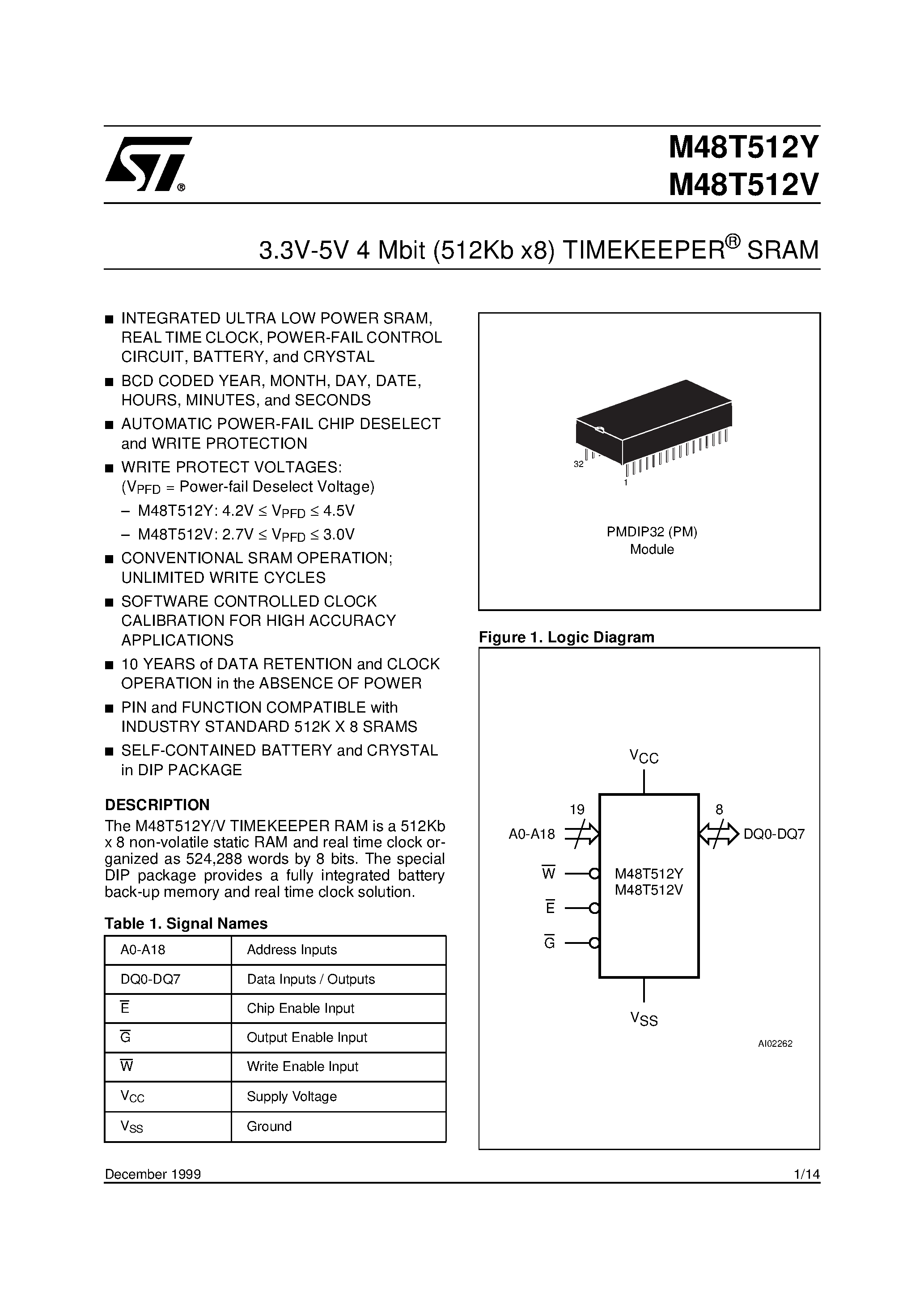 Datasheet M48T512Y - 3.3V-5V 4 Mbit 512Kb x8 TIMEKEEPER SRAM page 1