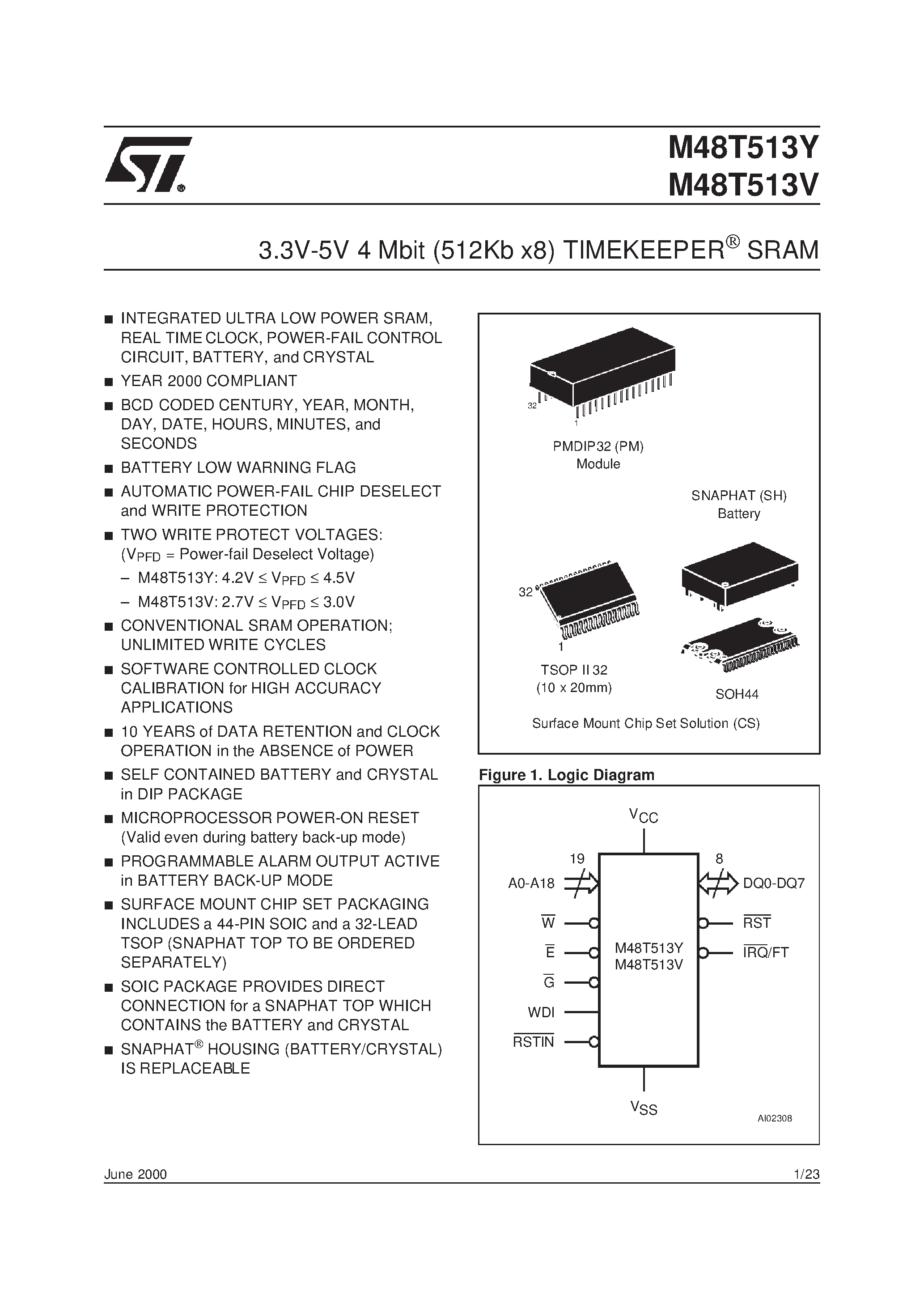 Datasheet M48T513Y - 3.3V-5V 4 Mbit 512Kb x8 TIMEKEEPER SRAM page 1