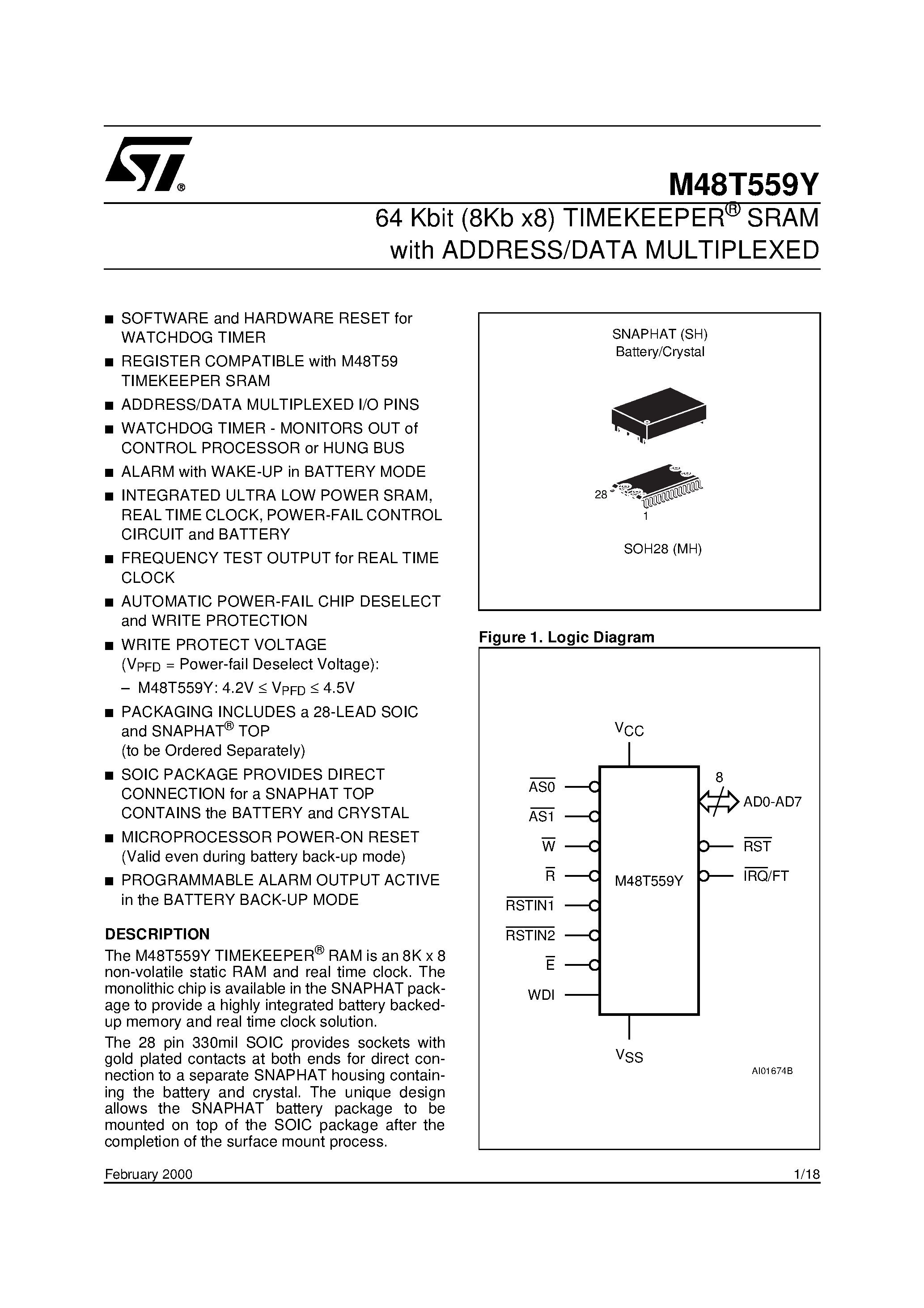 Datasheet M48T559 - 64 Kbit 8Kb x8 TIMEKEEPER SRAM with ADDRESS/DATA MULTIPLEXED page 1