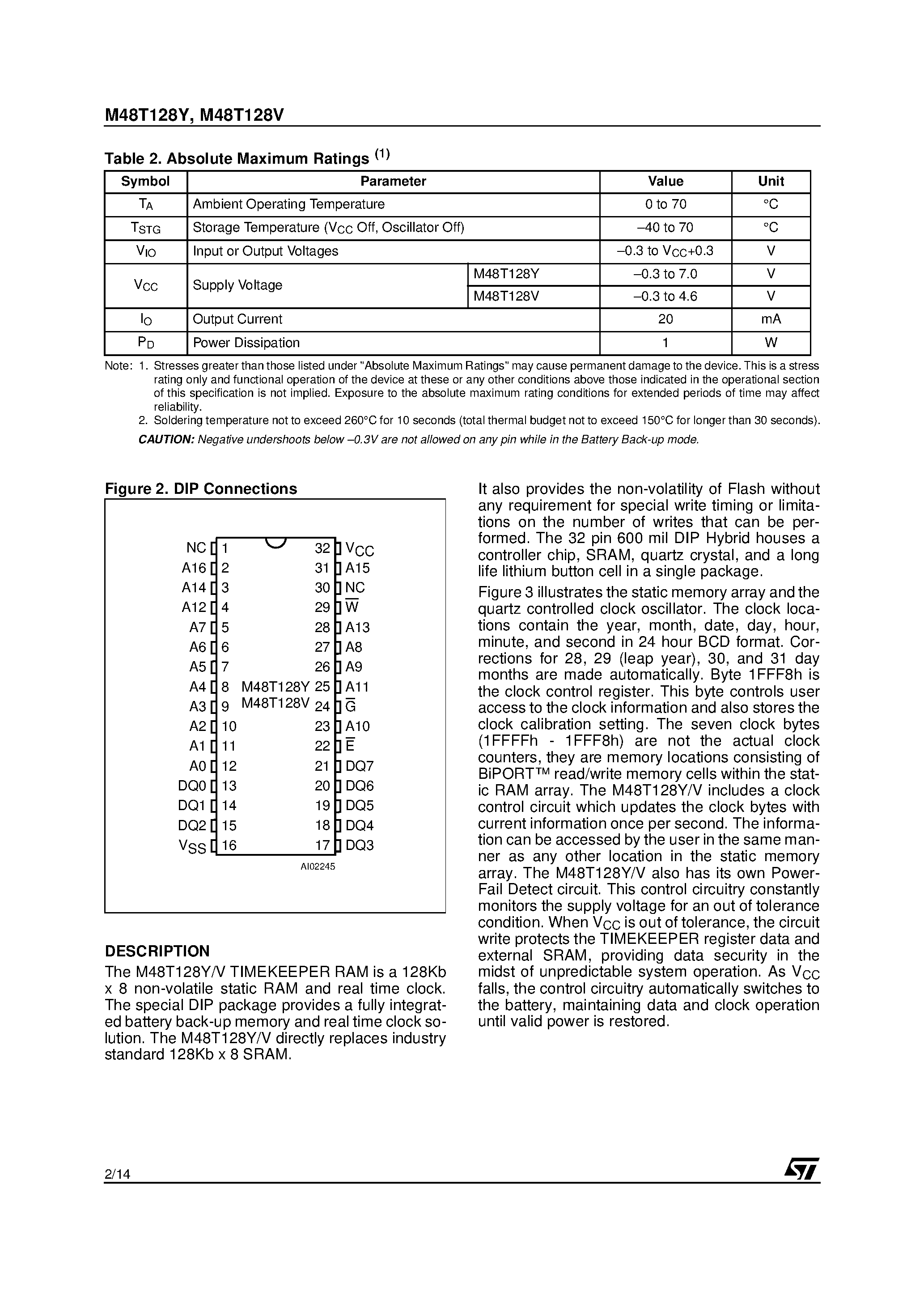 Datasheet M48TY-70PM1 - 3.3V-5V 1 Mbit 128Kb x8 TIMEKEEPER SRAM page 2