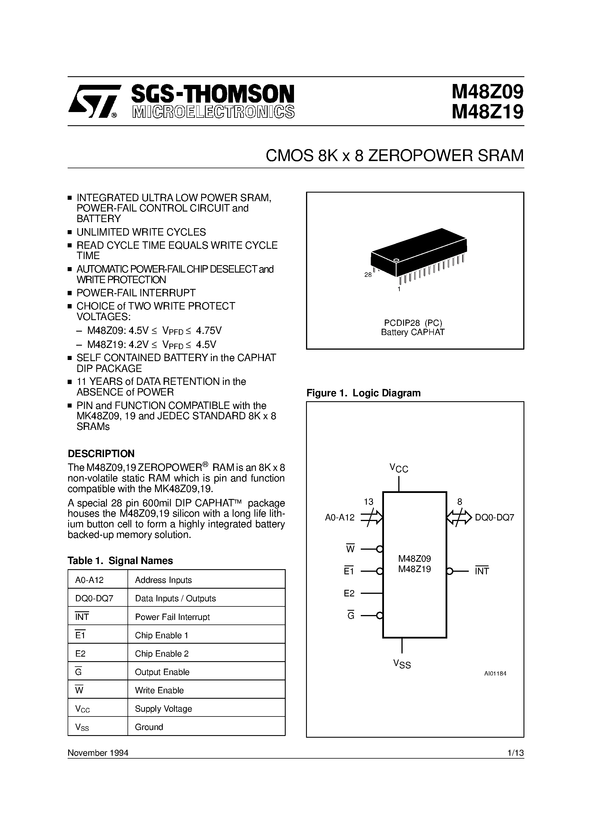 Datasheet M48Z09PC - CMOS 8K x 8 ZEROPOWER SRAM page 1