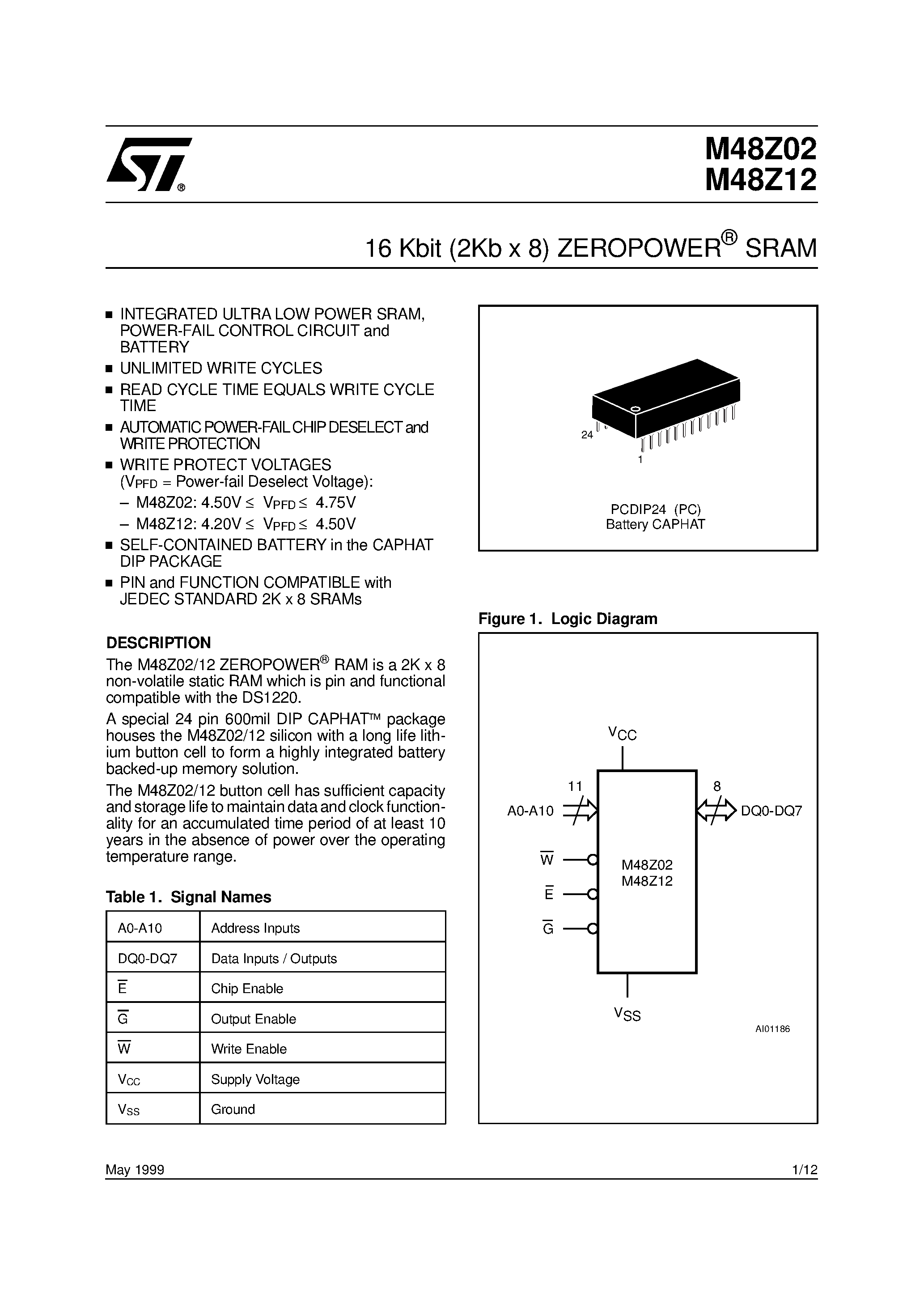 Datasheet M48Z12-150PC6 - 16 Kbit 2Kb x 8 ZEROPOWER SRAM page 1