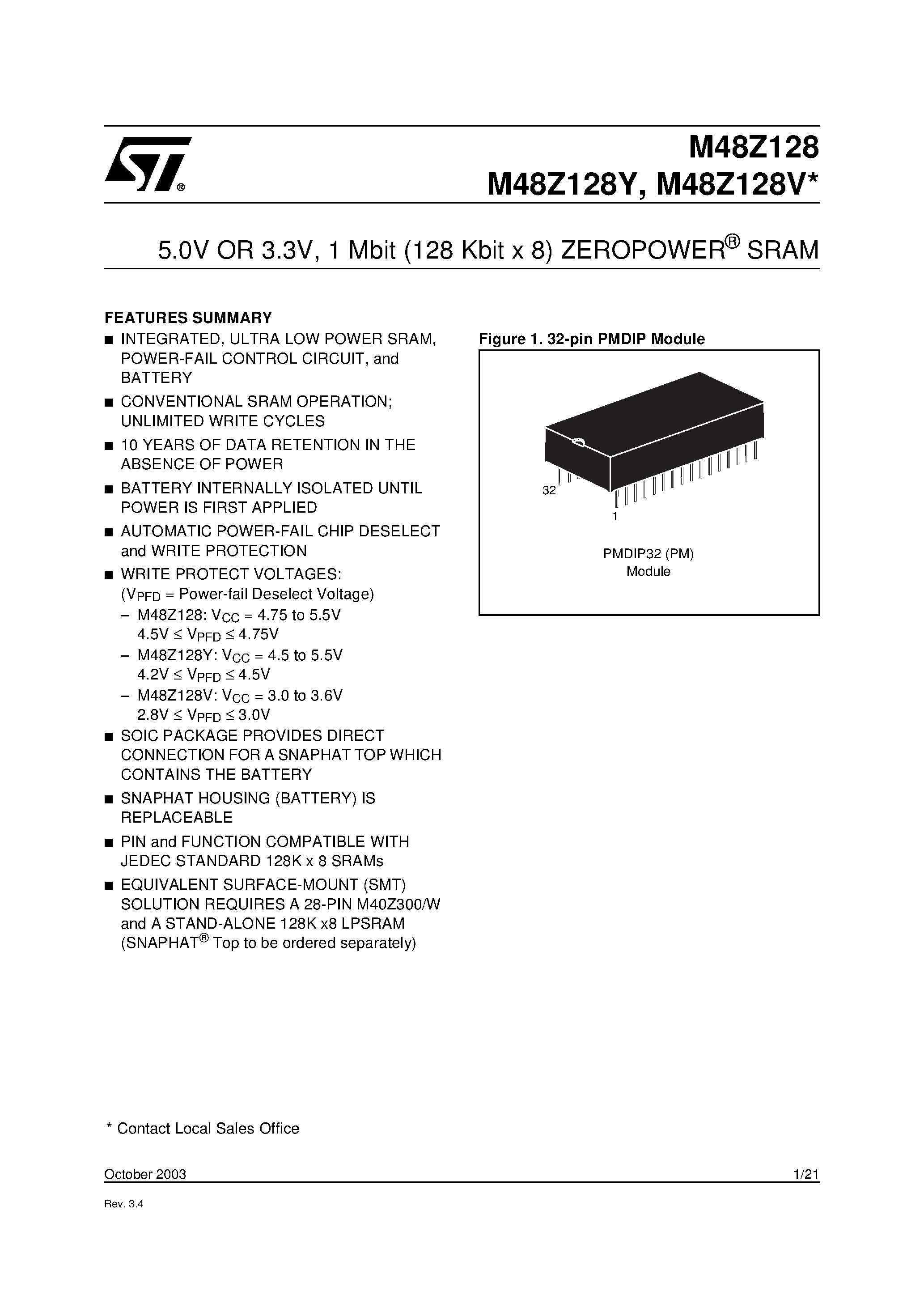 Datasheet M48Z128V - 5.0V OR 3.3V / 1 Mbit (128 Kbit x 8) ZEROPOWER SRAM page 1