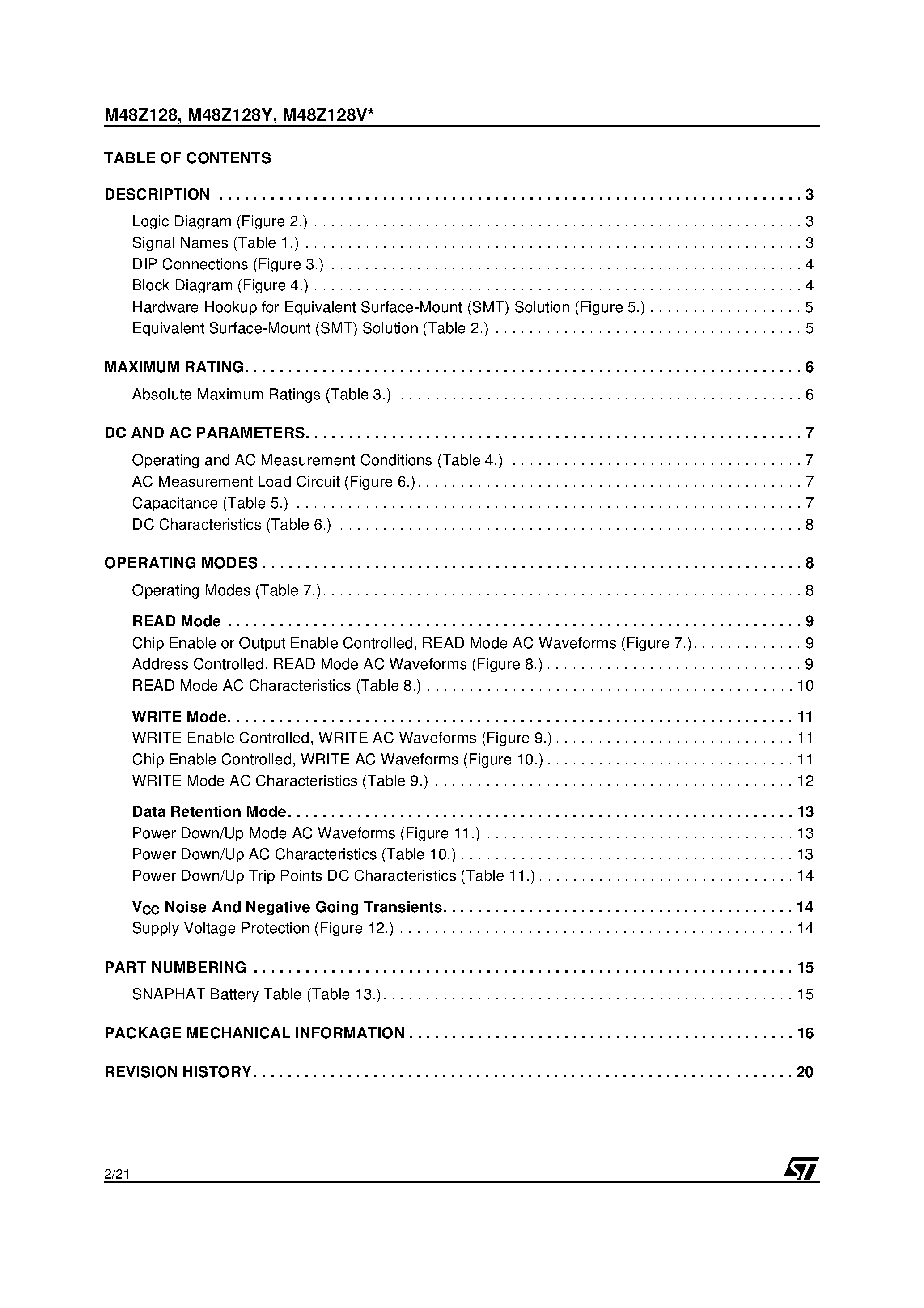 Datasheet M48Z128V - 5.0V OR 3.3V / 1 Mbit (128 Kbit x 8) ZEROPOWER SRAM page 2