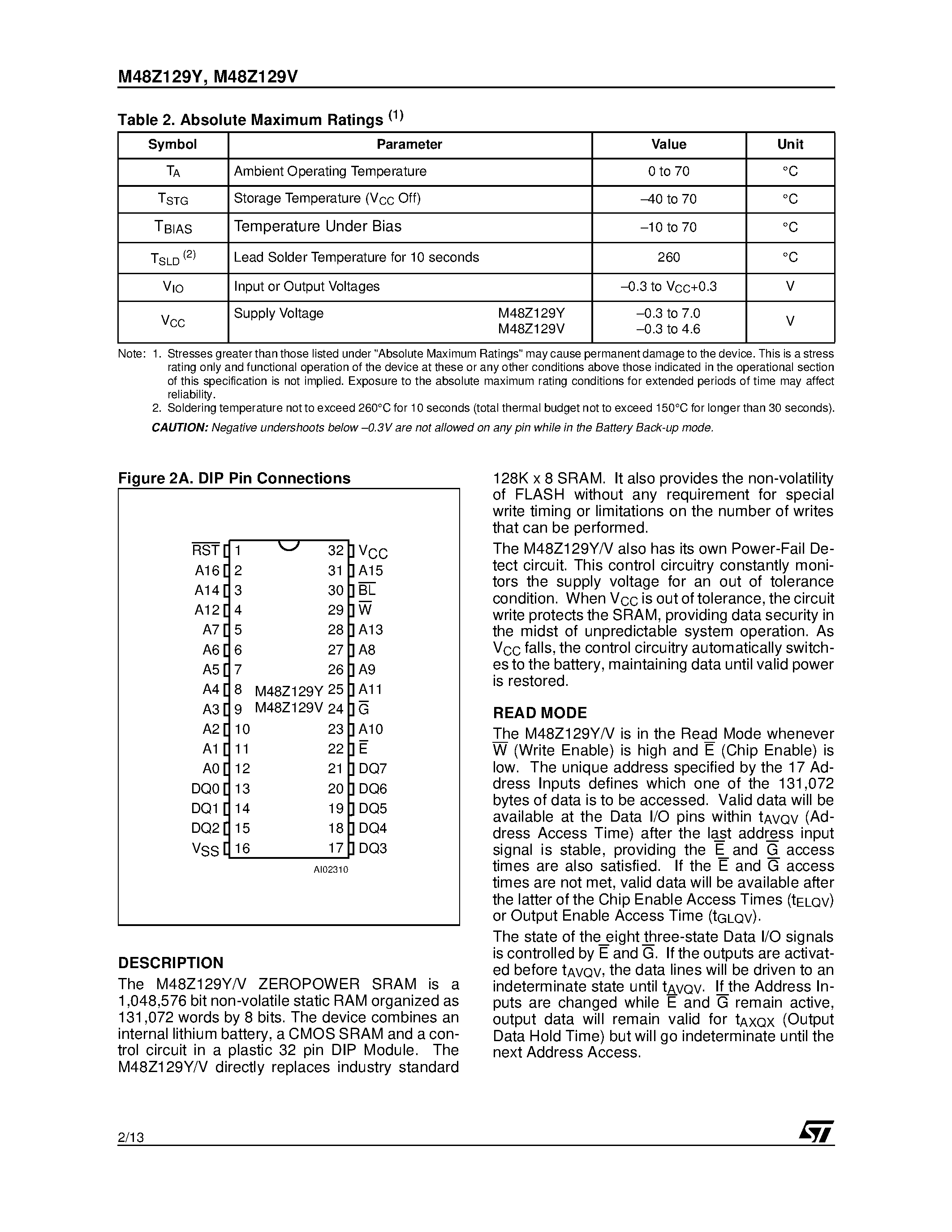 Datasheet M48Z129Y - 3.3V/5V 1 Mbit 128Kb x8 ZEROPOWER SRAM page 2
