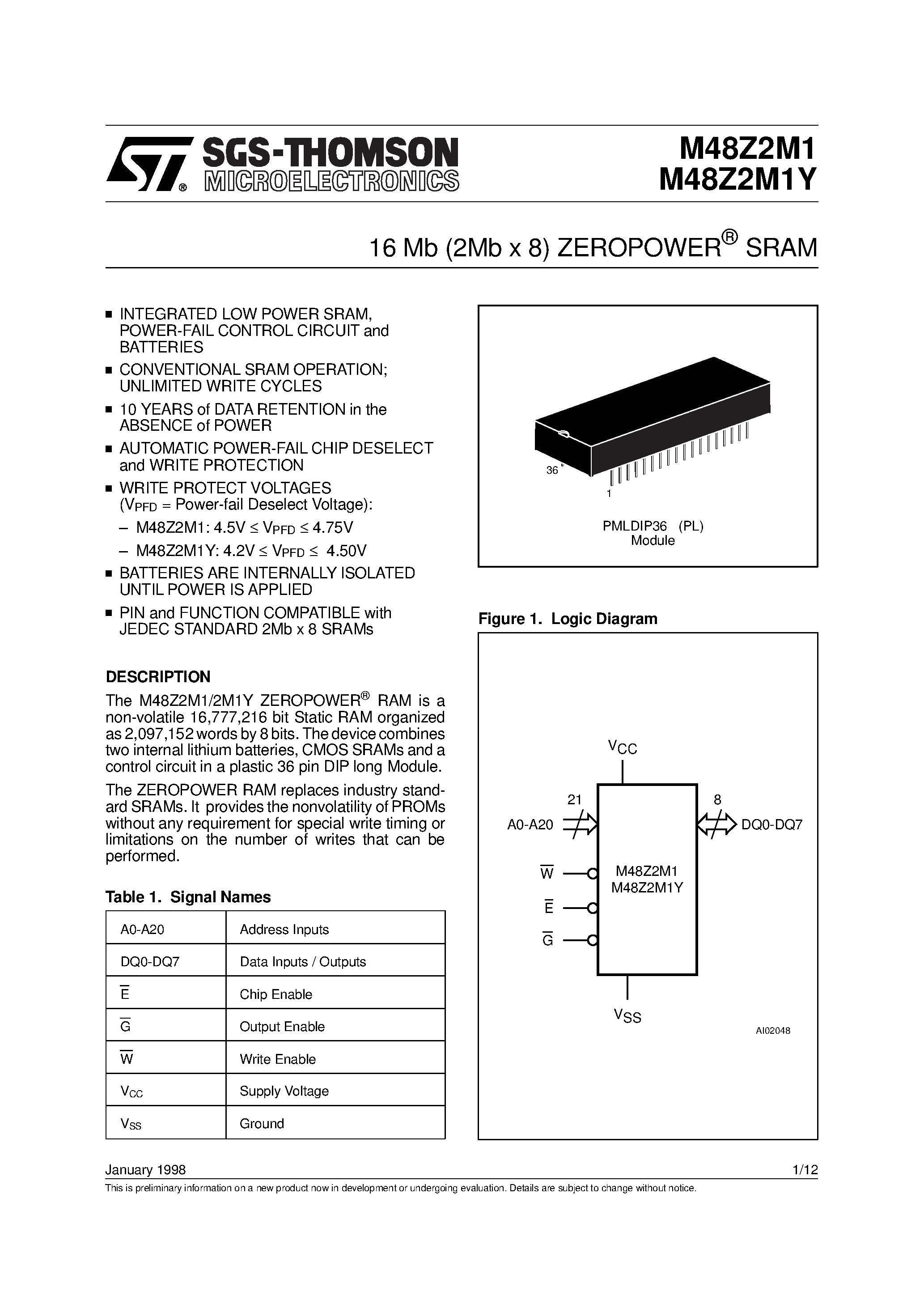 Datasheet M48Z2M1 page 1 Datasheet M48Z2M1 - 16 Mb 2Mb x 8 ZEROPOWER SRAM page 1