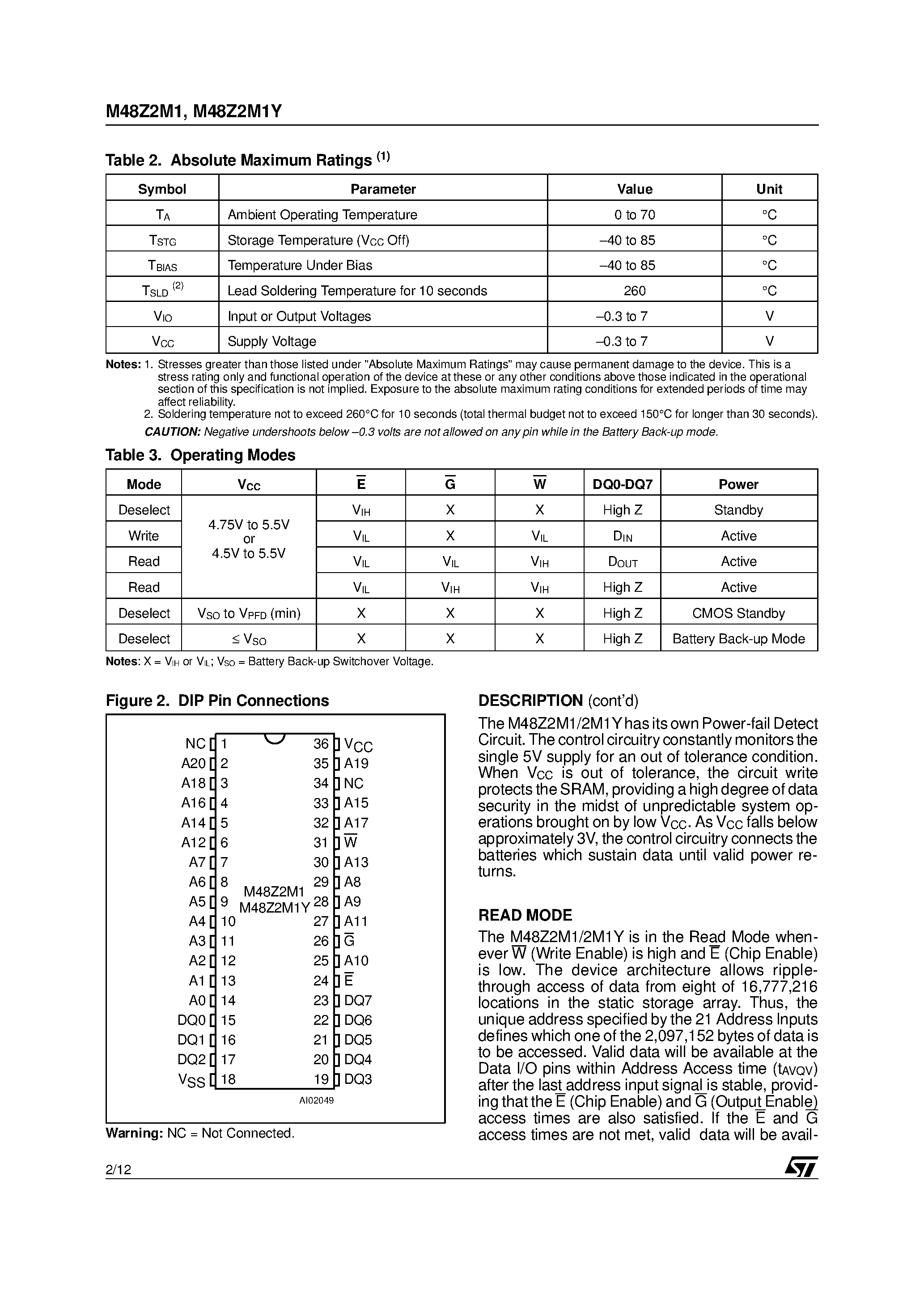 Datasheet M48Z2M1Y page 2 Datasheet M48Z2M1Y - 16 Mb 2Mb x 8 ZEROPOWER SRAM page 2