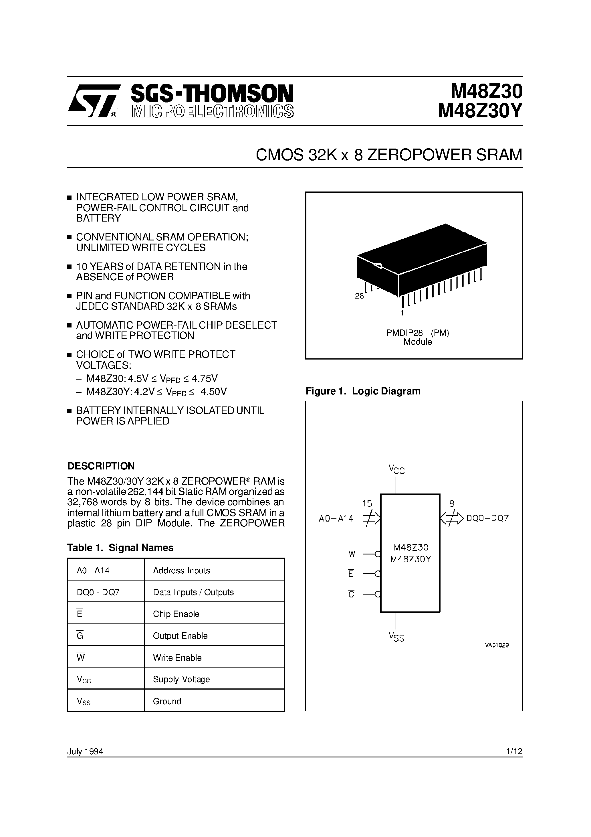 Datasheet M48Z30 page 1 Datasheet M48Z30 - CMOS 32K x 8 ZEROPOWER SRAM page 1