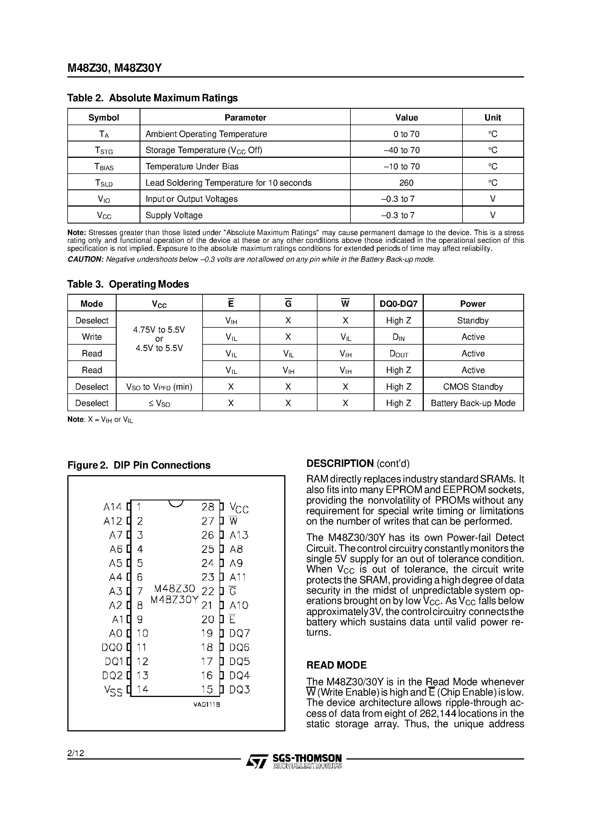 Datasheet M48Z30 page 2 Datasheet M48Z30 - CMOS 32K x 8 ZEROPOWER SRAM page 2
