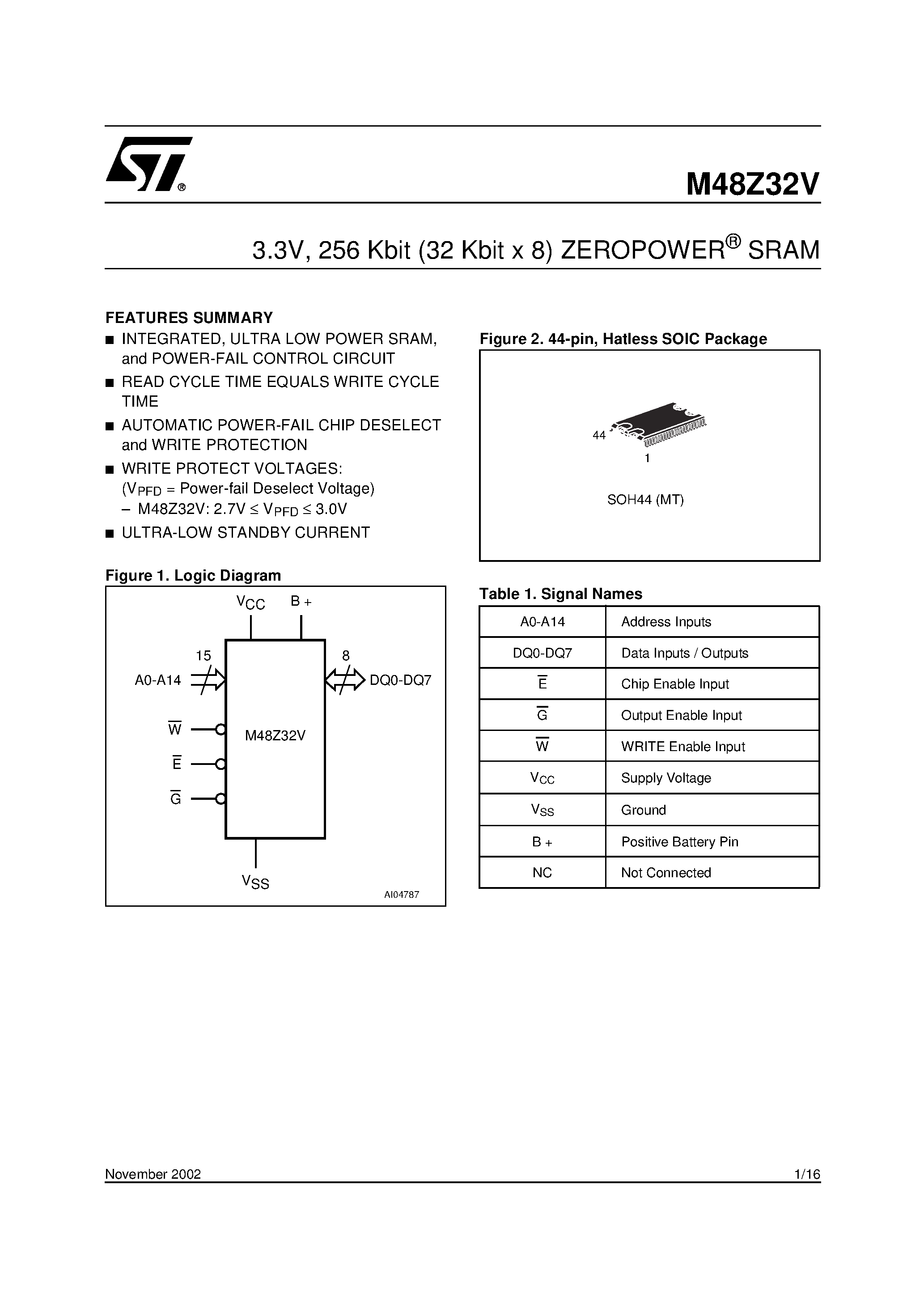 Datasheet M48Z32VMT - 3.3V / 256 Kbit 32 Kbit x 8 ZEROPOWER SRAM page 1