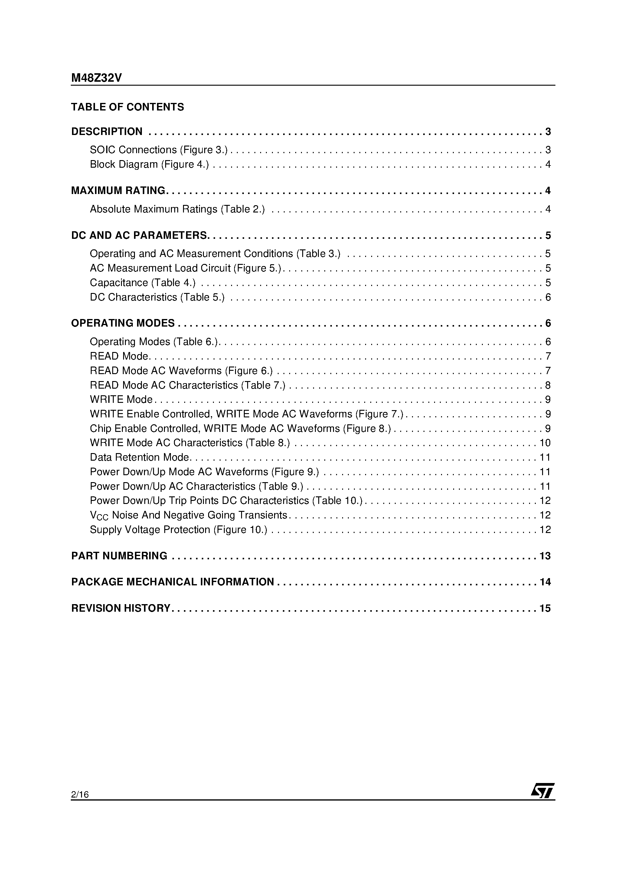Datasheet M48Z32VMT - 3.3V / 256 Kbit 32 Kbit x 8 ZEROPOWER SRAM page 2