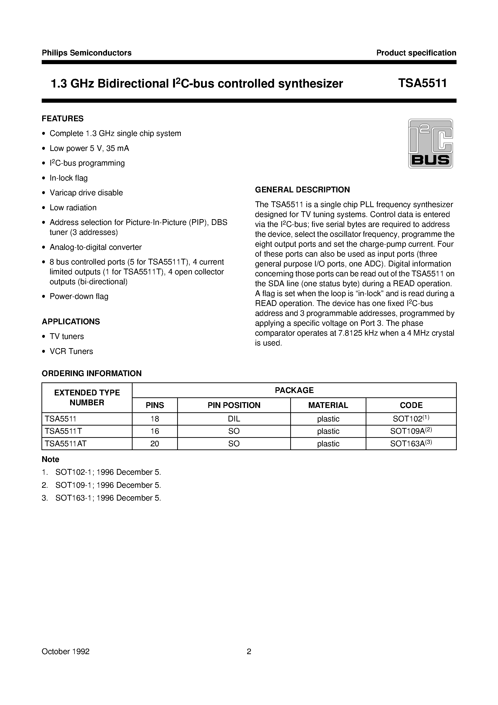 Datasheet TSA5511 page 2 Datasheet TSA5511 - 1.3 GHz Bidirectional I2C-bus controlled synthesizer page 2