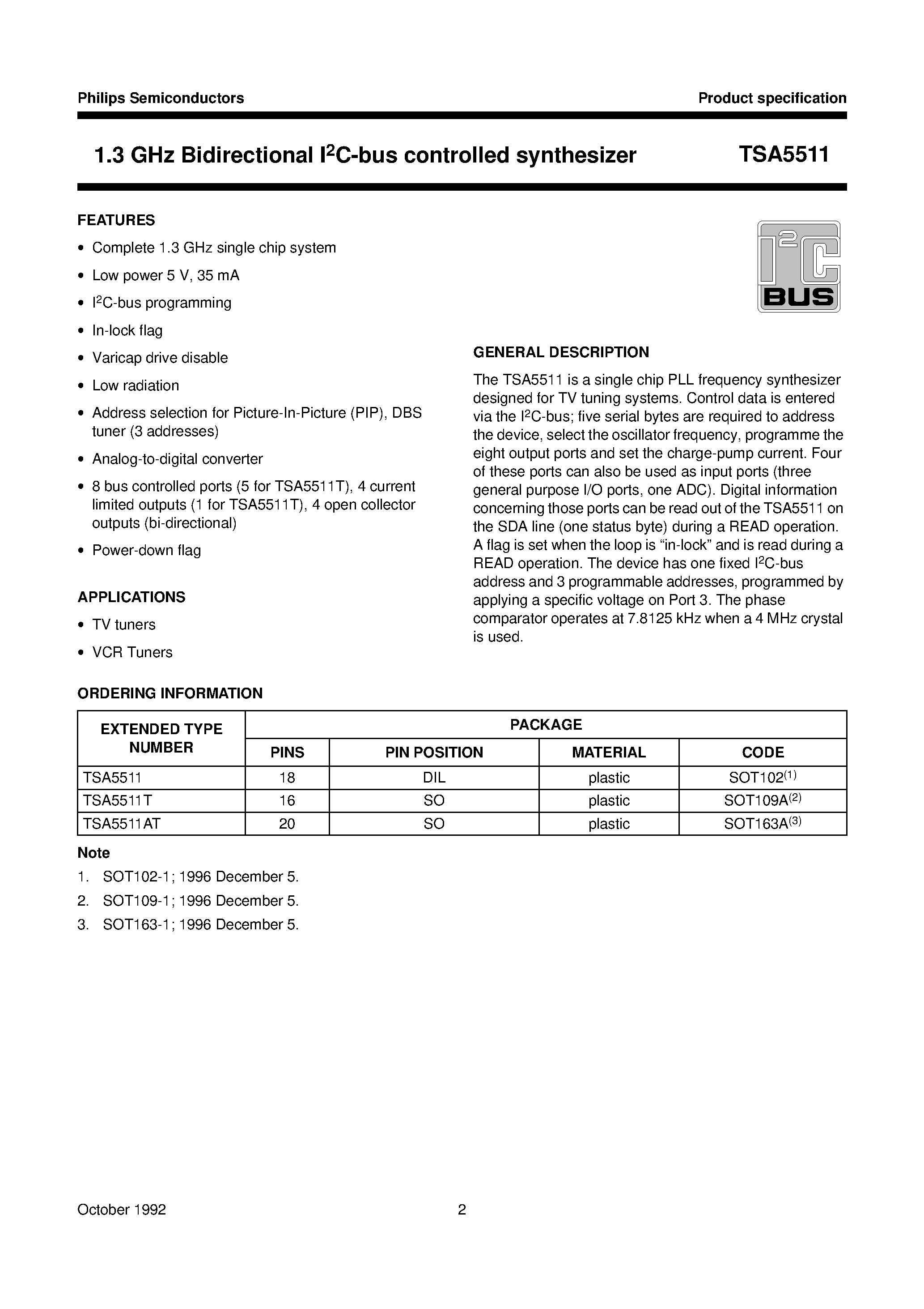 Datasheet TSA5511 - 1.3 GHz Bidirectional I2C-bus controlled synthesizer page 2