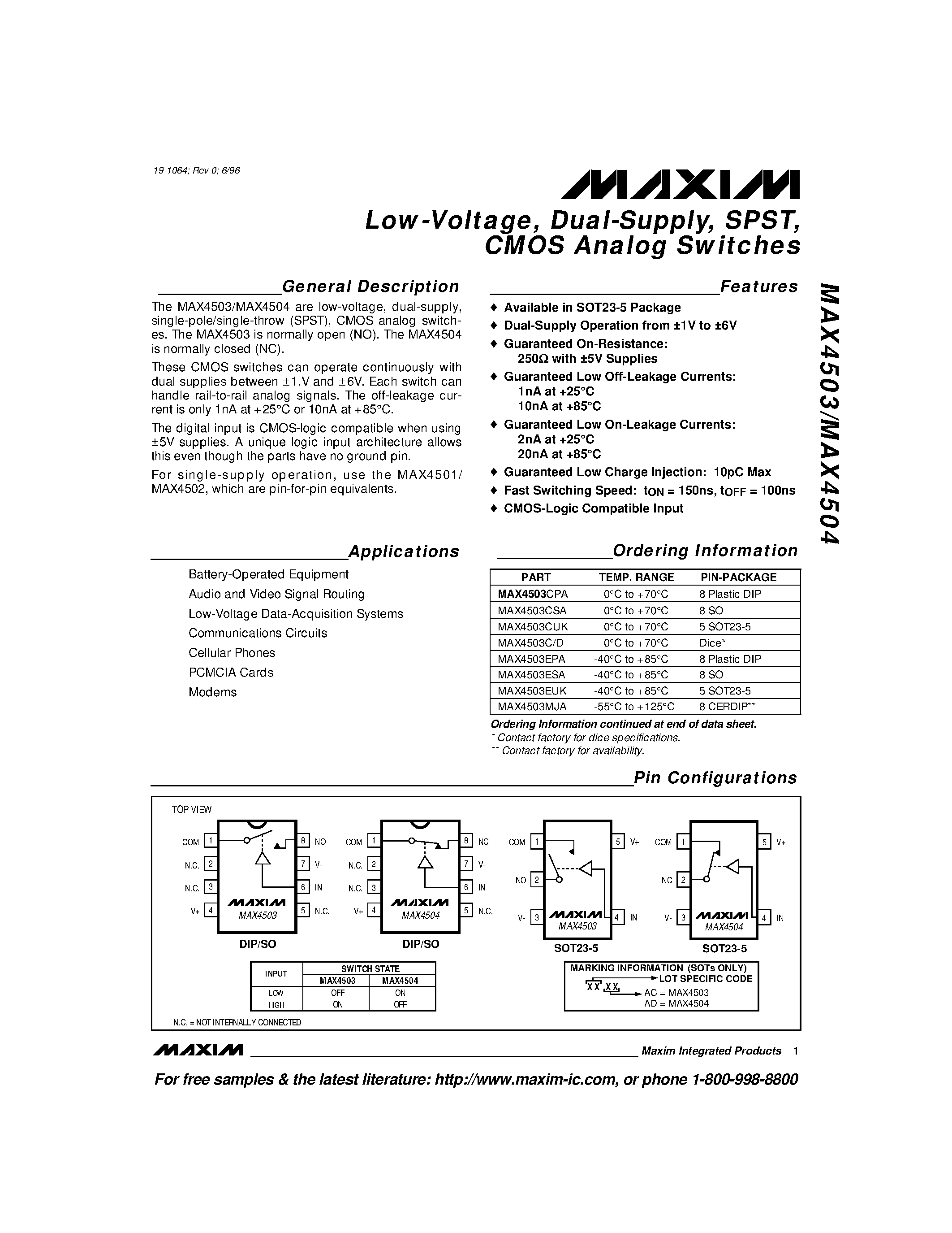 Datasheet MAX4504ESA - Low-Voltage / Dual-Supply / SPST / CMOS Analog Switches page 1