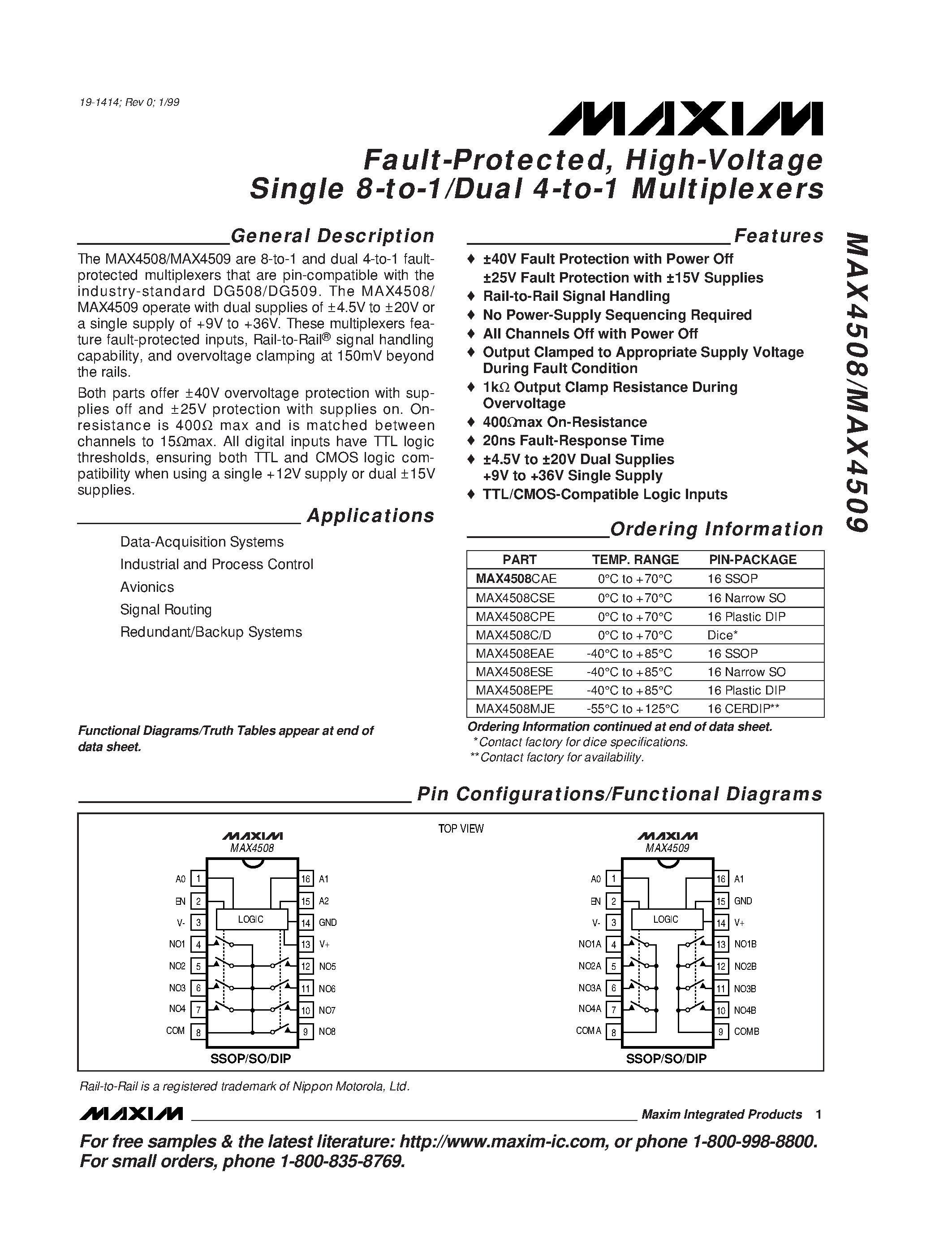 Datasheet MAX4508 - Fault-Protected / High-Voltage Single 8-to-1/Dual 4-to-1 Multiplexers page 1