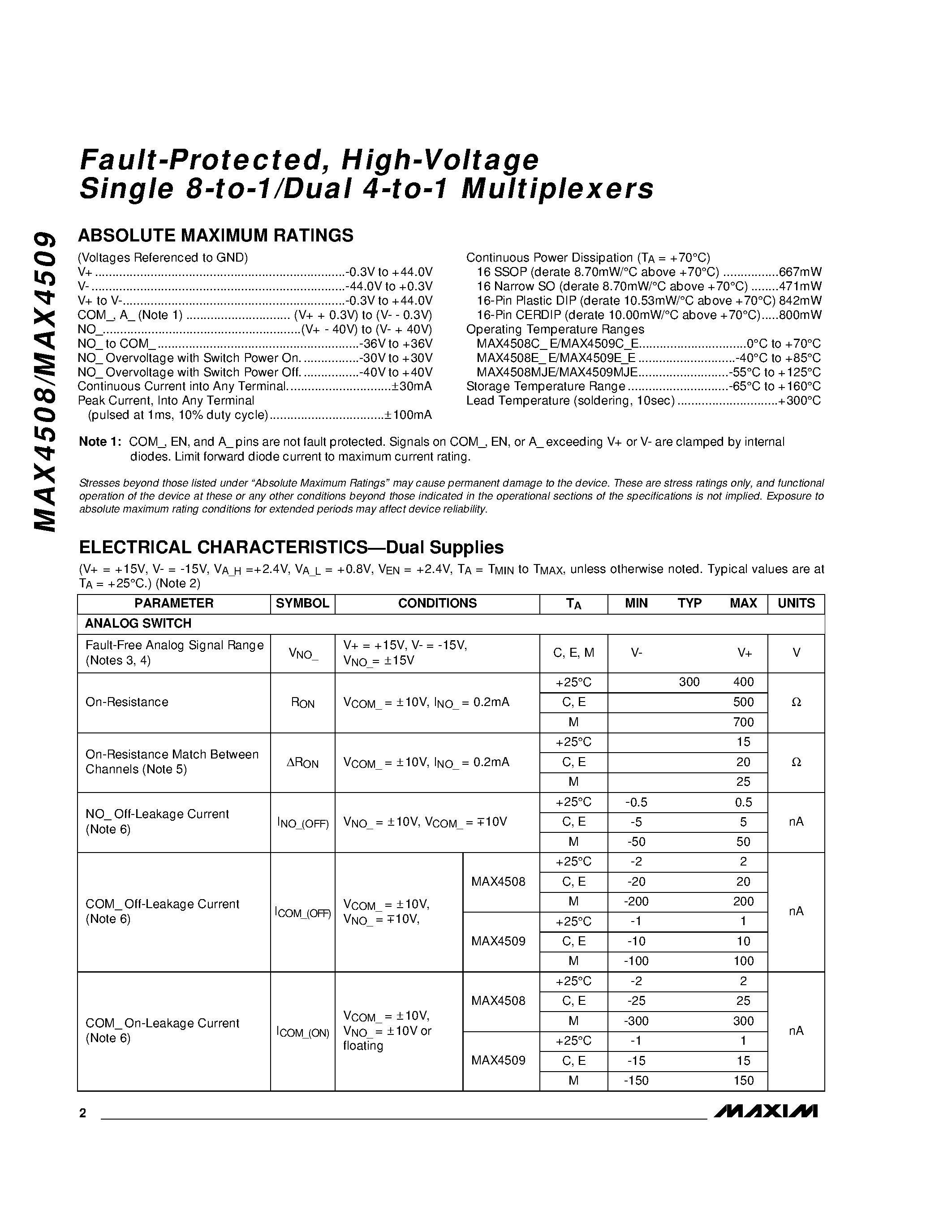 Даташит MAX4509 - Fault-Protected / High-Voltage Single 8-to-1/Dual 4-to-1 Multiplexers страница 2