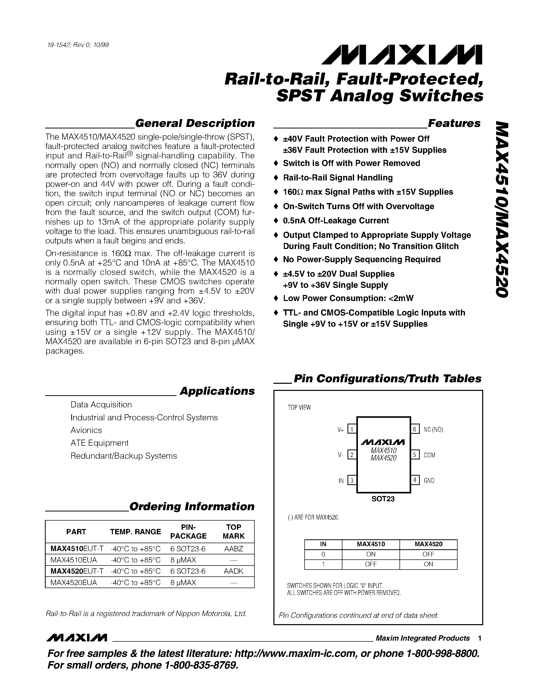 Datasheet MAX4510 page 1 Datasheet MAX4510 - Rail-to-Rail / Fault-Protected / SPST Analog Switches page 1
