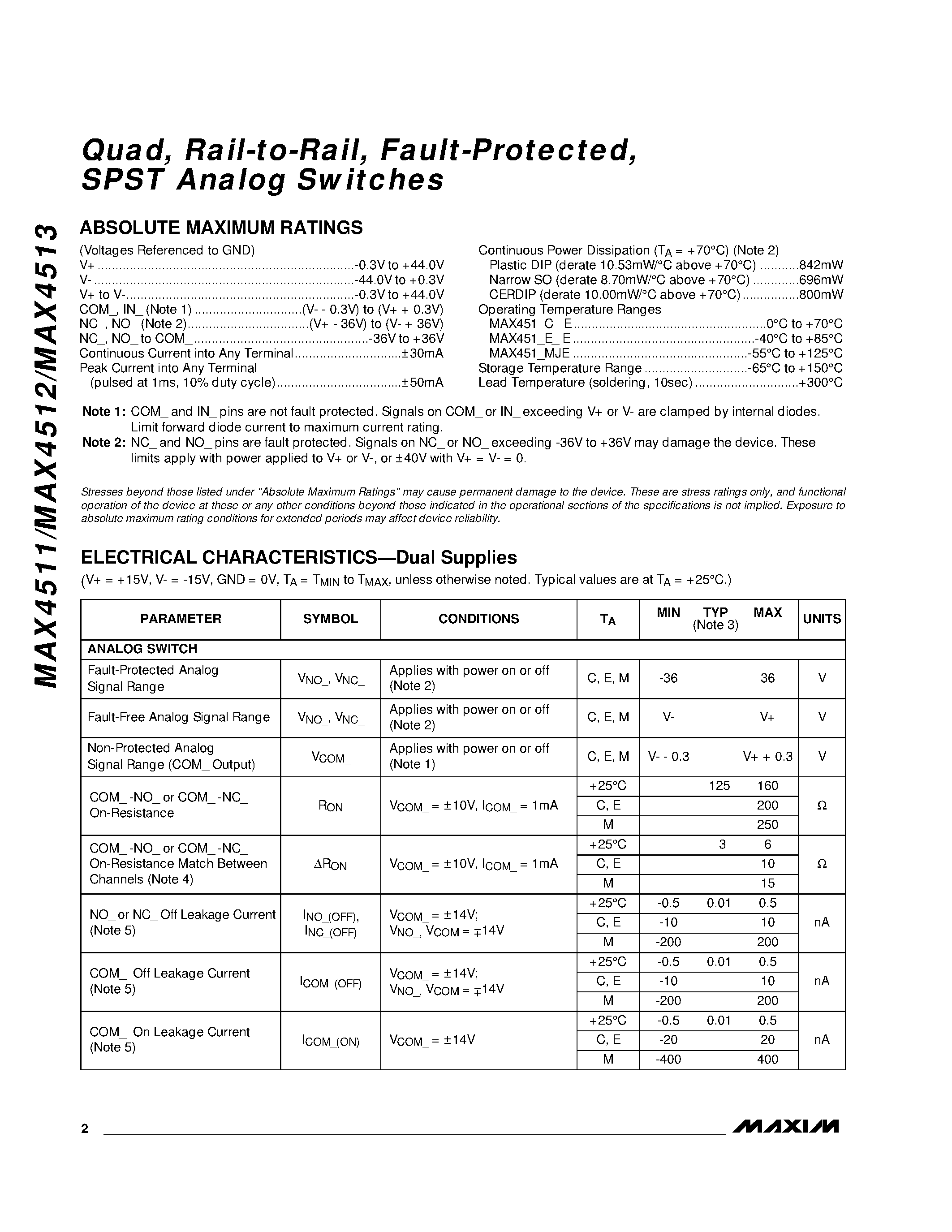 Datasheet MAX4511 - Quad / Rail-to-Rail / Fault-Protected / SPST Analog Switches page 2