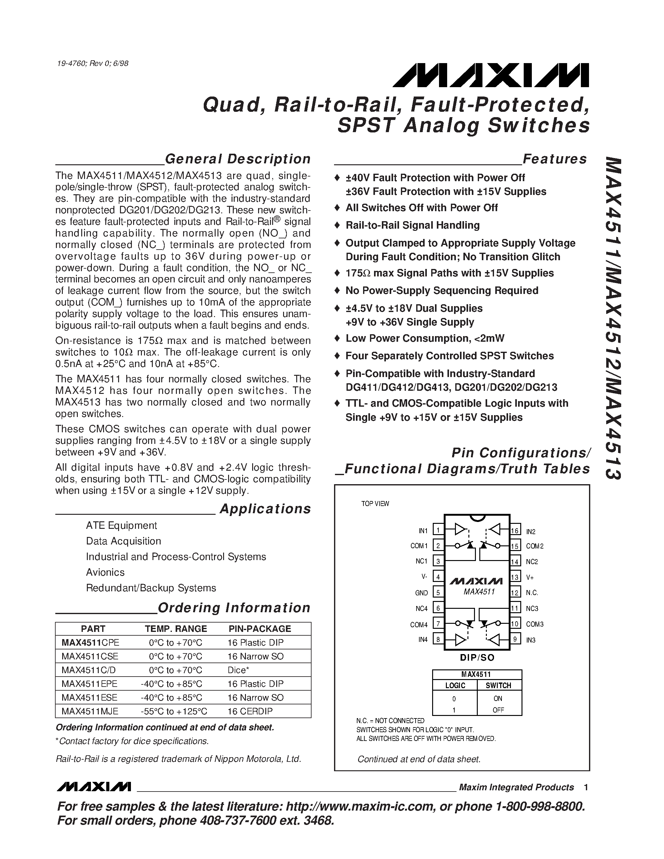 Datasheet MAX4513 page 1 Datasheet MAX4513 - Quad / Rail-to-Rail / Fault-Protected / SPST Analog Switches page 1