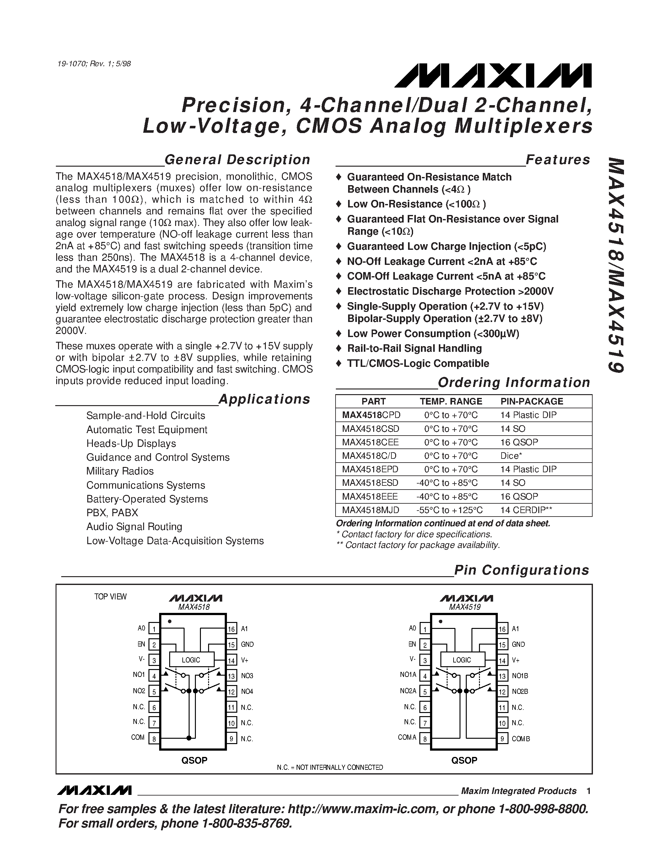 Datasheet MAX4518 - Precision / 4-Channel/Dual 2-Channel / Low-Voltage / CMOS Analog Multiplexers page 1