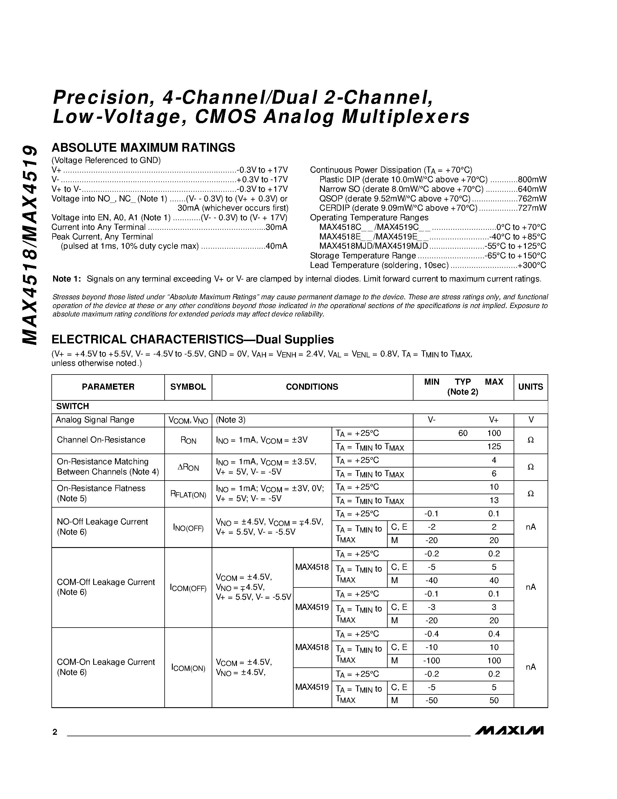 Datasheet MAX4518 - Precision / 4-Channel/Dual 2-Channel / Low-Voltage / CMOS Analog Multiplexers page 2
