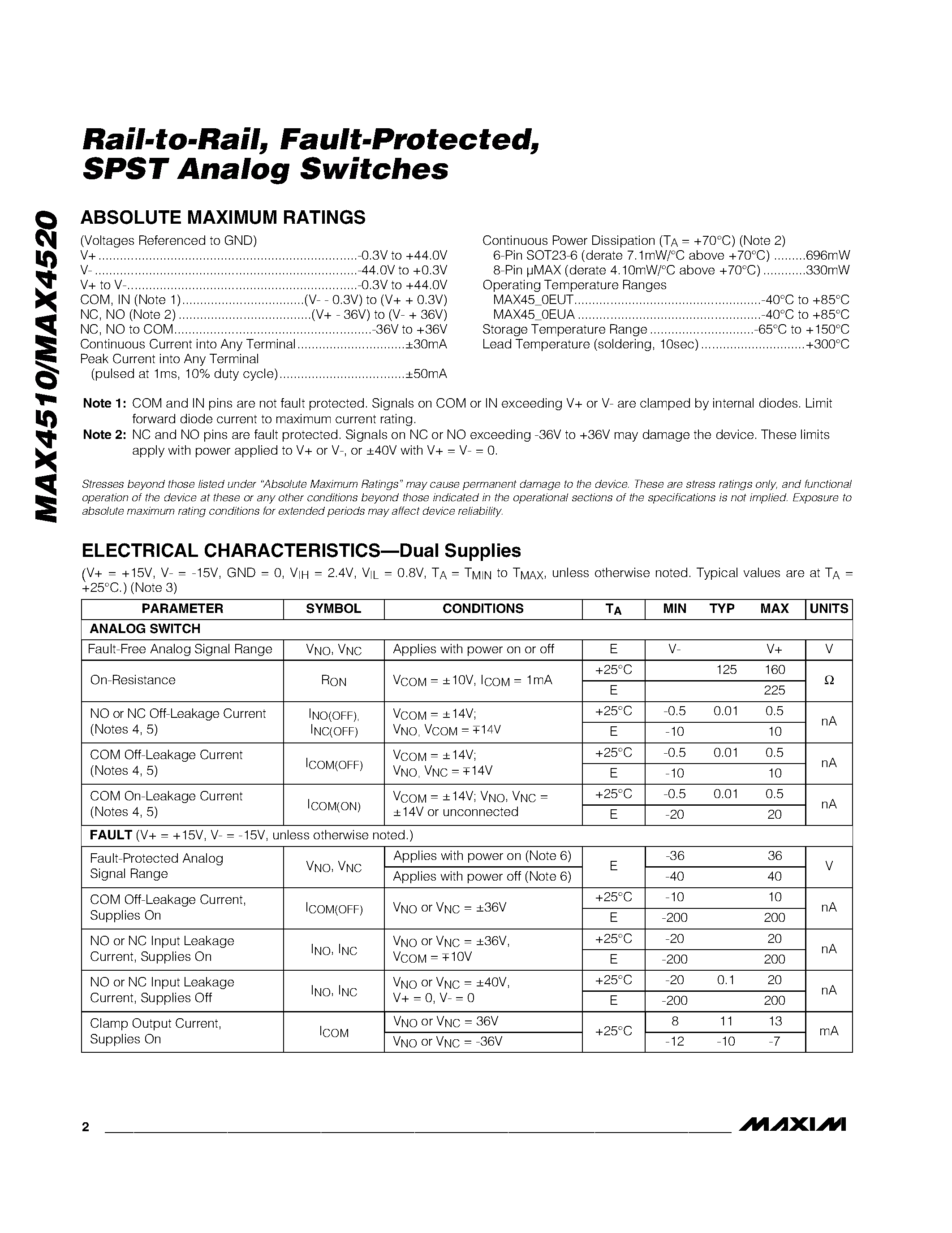 Datasheet MAX4520EUA page 2 Datasheet MAX4520EUA - Rail-to-Rail / Fault-Protected / SPST Analog Switches page 2