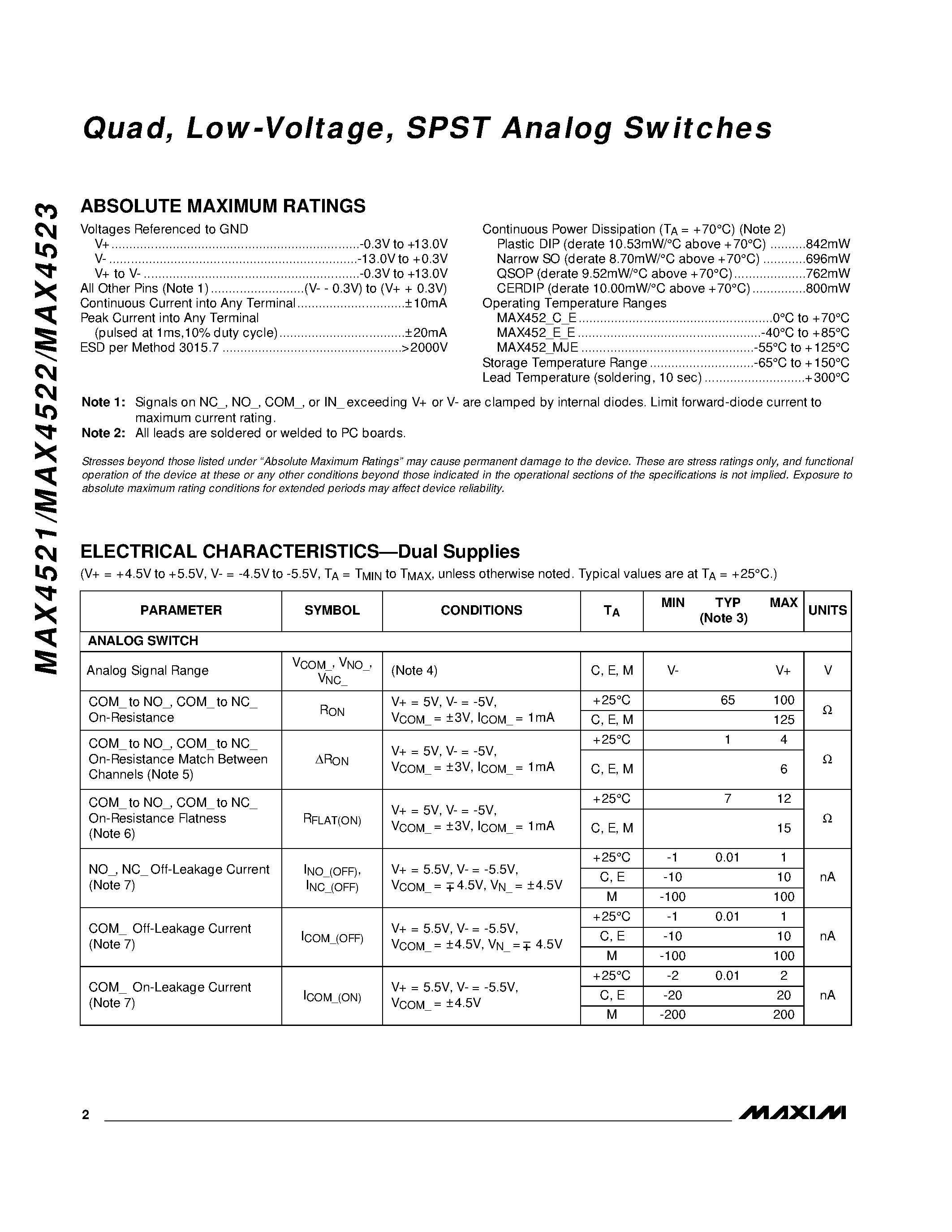 Datasheet MAX4521EEE page 2 Datasheet MAX4521EEE - Quad / Low-Voltage / SPST Analog Switches page 2