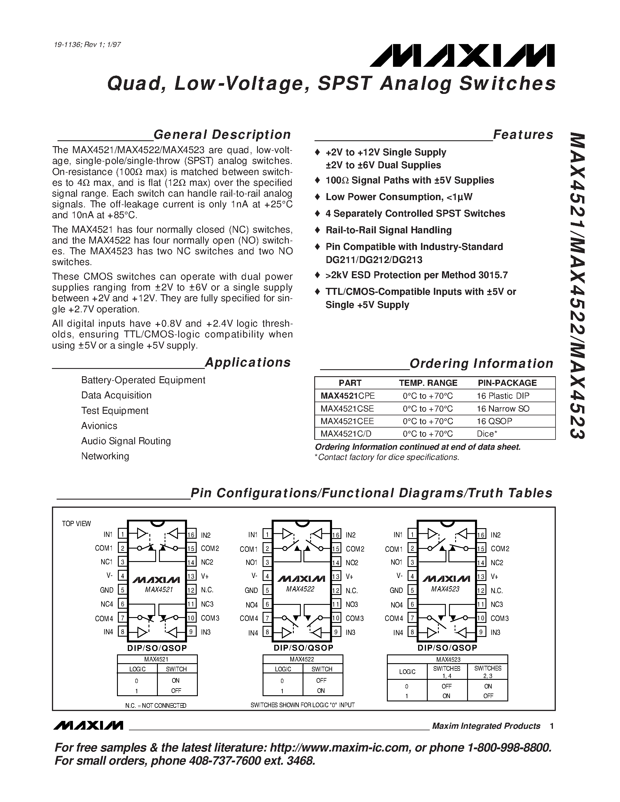 Datasheet MAX4523CPE - Quad / Low-Voltage / SPST Analog Switches page 1